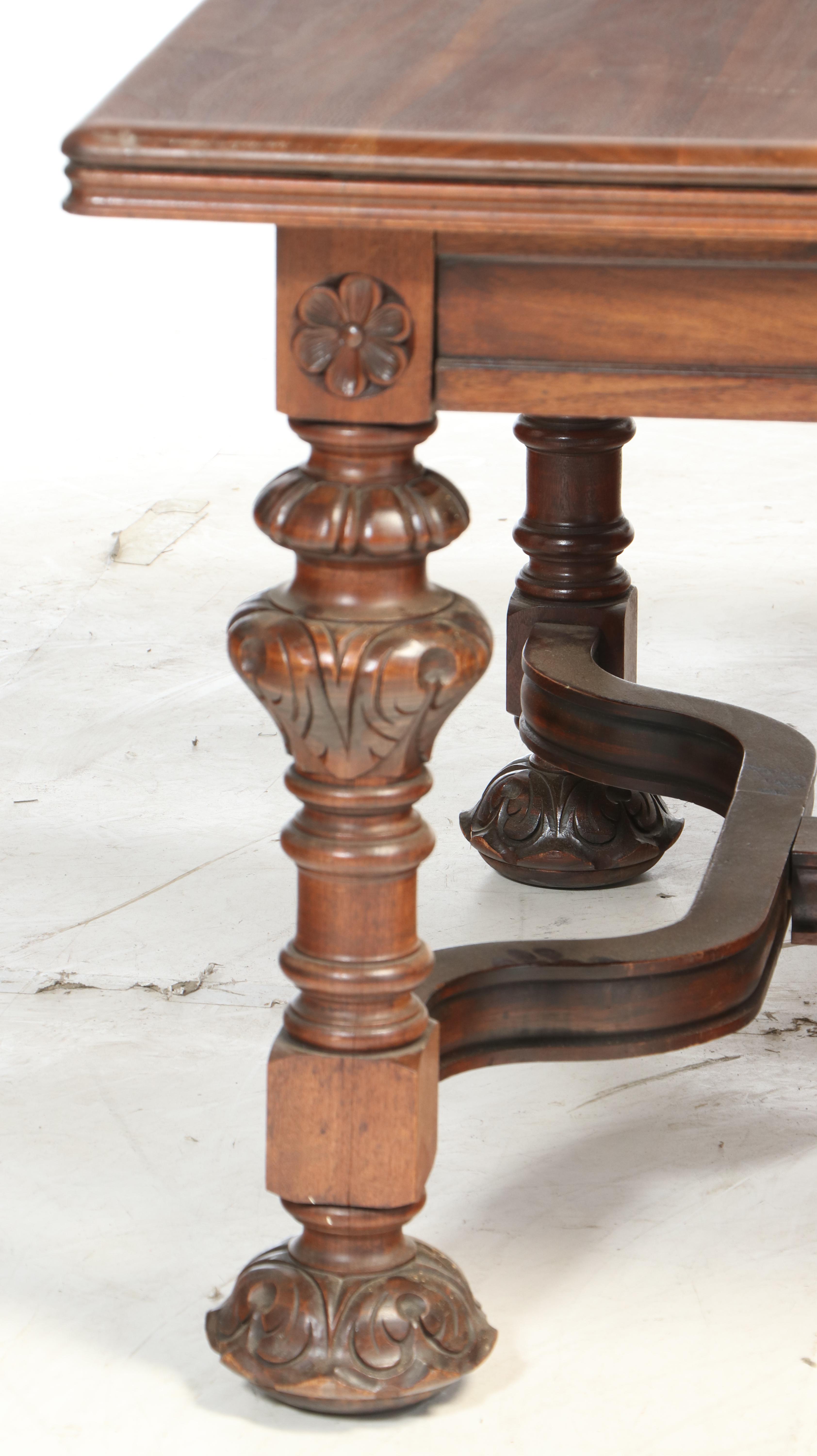 Jacobean Style Expandable Dining Table with Ten Chairs, Early 20th Century