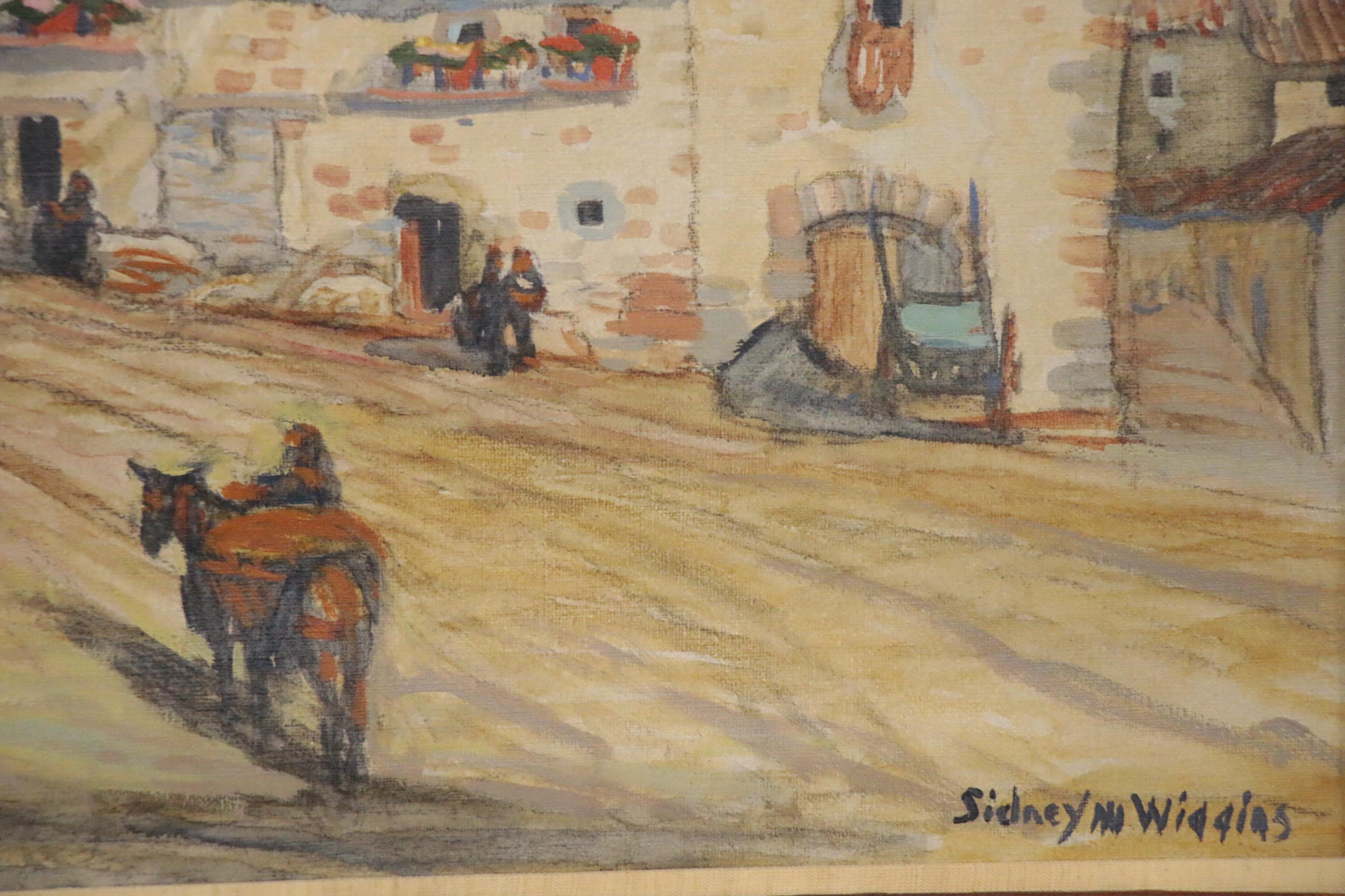 Sidney Wiggins Oil Painting of a Village Street Scene, 1920s