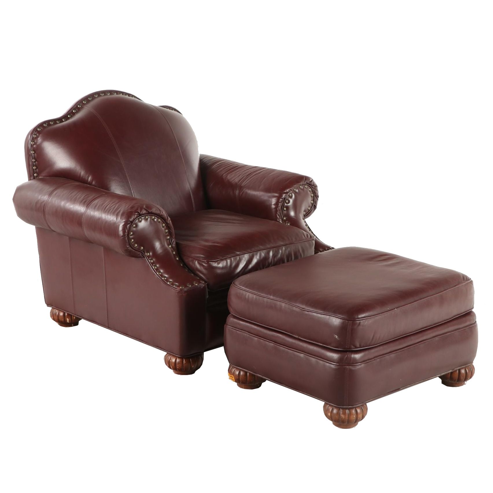 Bob Timberlake Burgundy Leather and Brass-Tacked Club Chair with Ottoman
