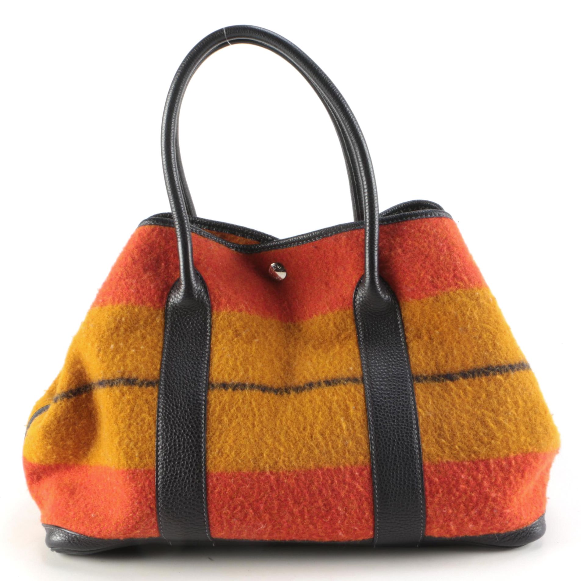 Hermès Garden Party 36 Tote in Striped Wool Rocabar and Navy Leather