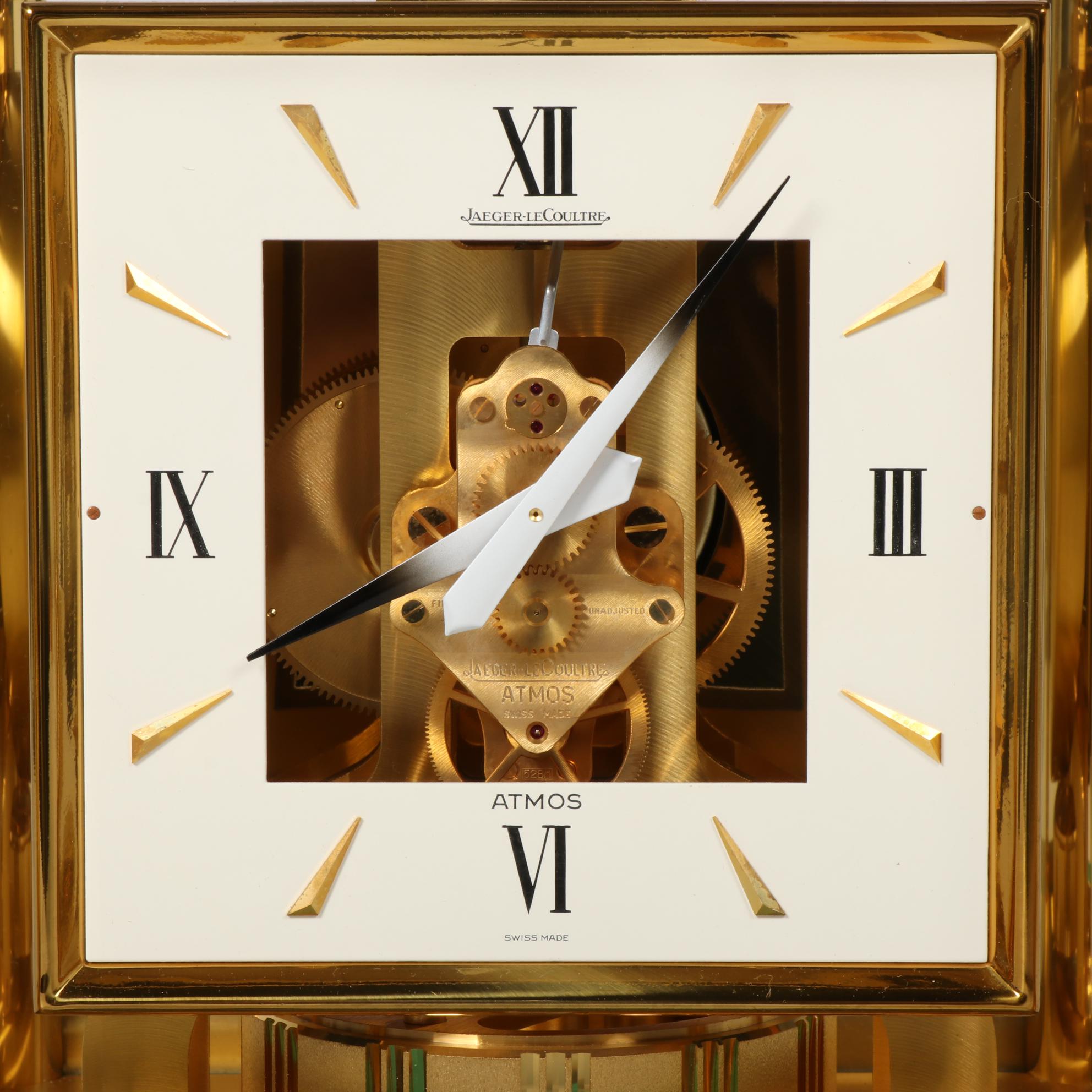 Jaeger-LeCoultre Square Face Atmos Classic Gilt Brass Clock, Mid to Late 20th C.