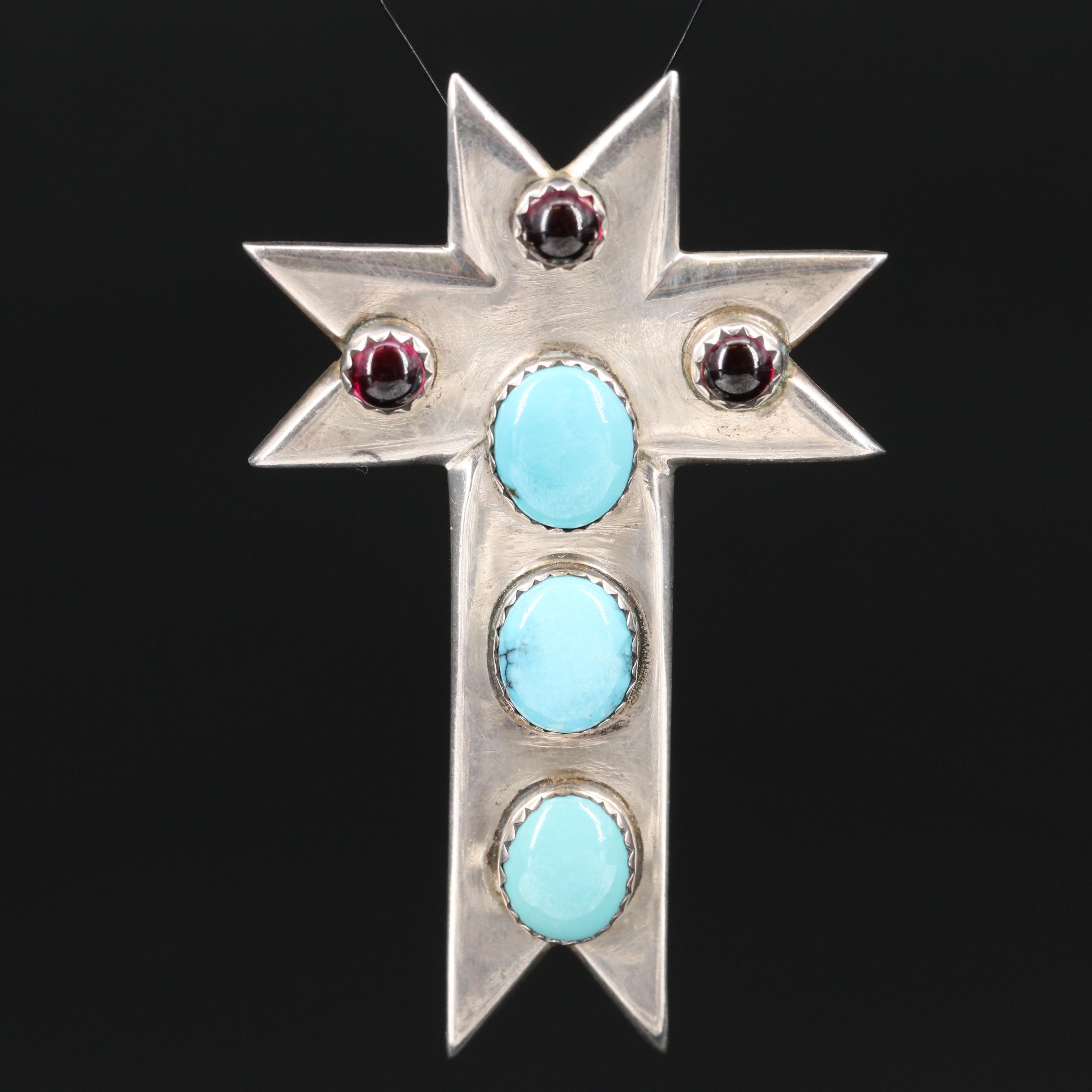 Gringo Hill Silversmith Sterling Silver Turquoise and Rhodolite Garnet Pendant
