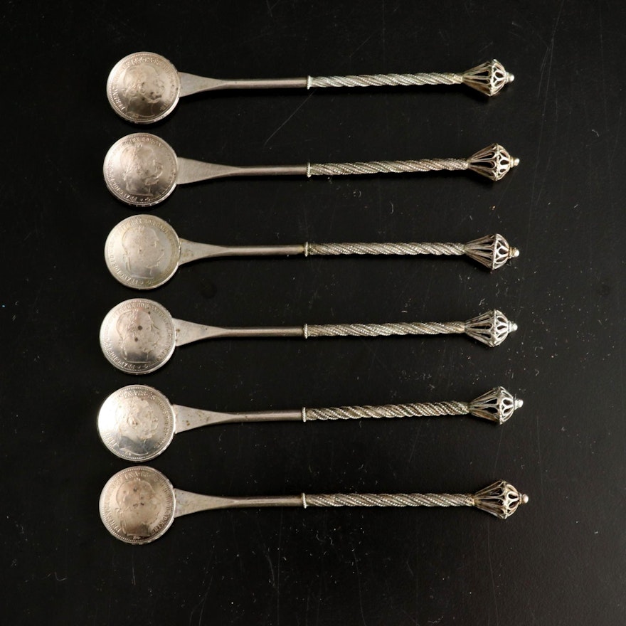 835 Silver 1893-1915 Austro-Hungarian One-Korona Coin Spoons, Set of Six