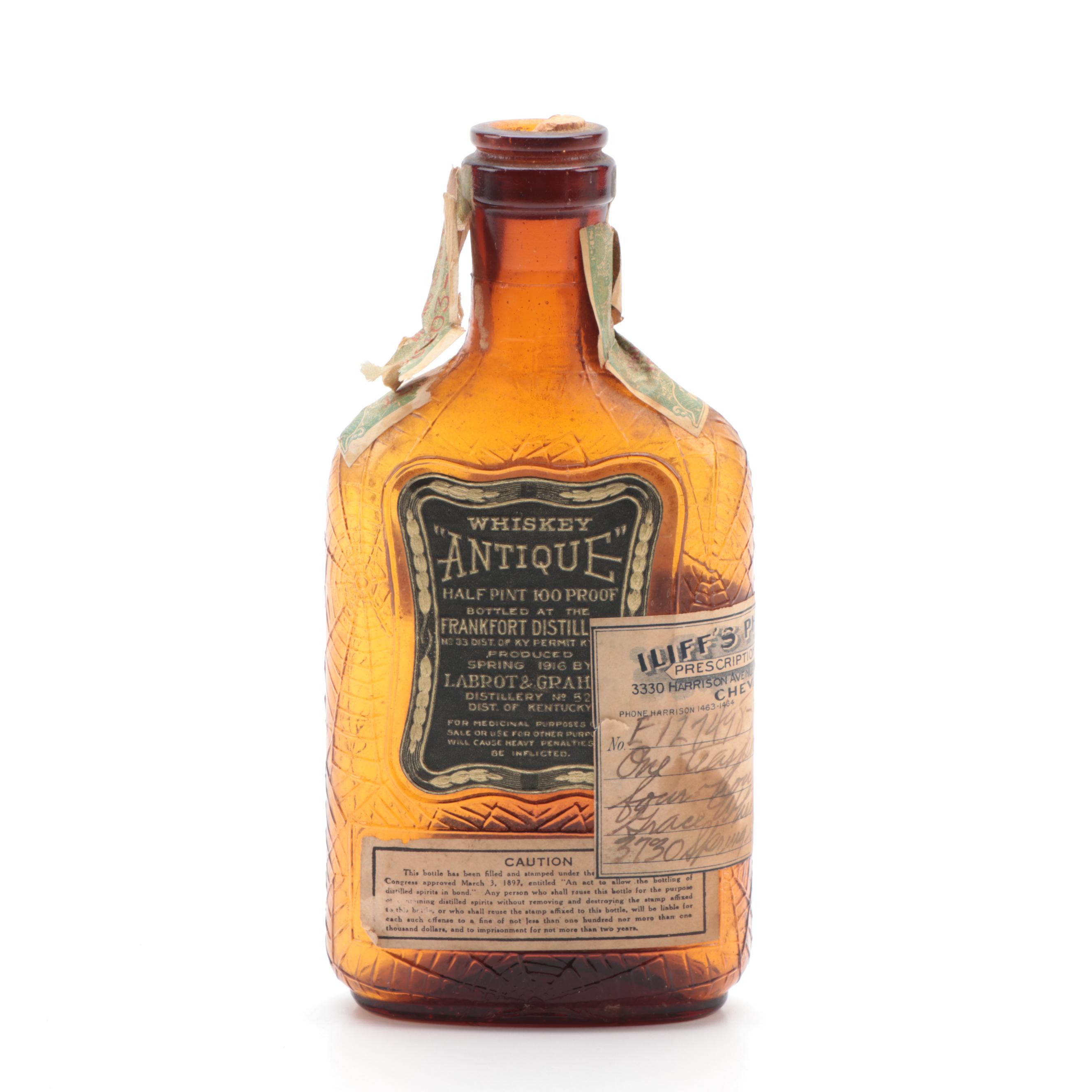 Frankfort Distillery Whiskey Bottle with Attached Prescription Label, Antique
