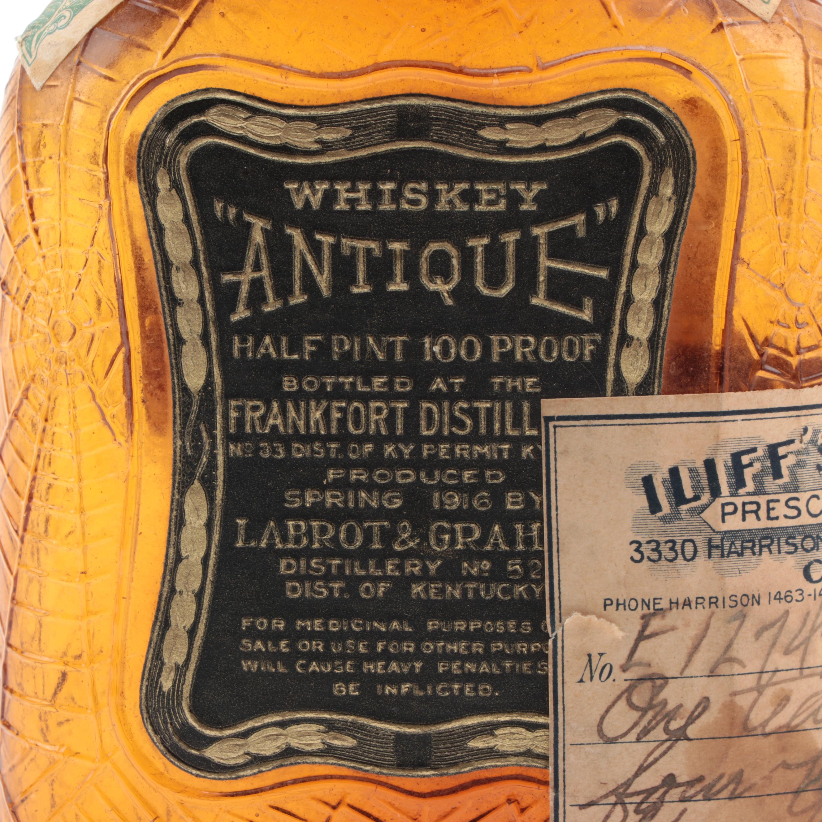 Frankfort Distillery Whiskey Bottle with Attached Prescription Label, Antique