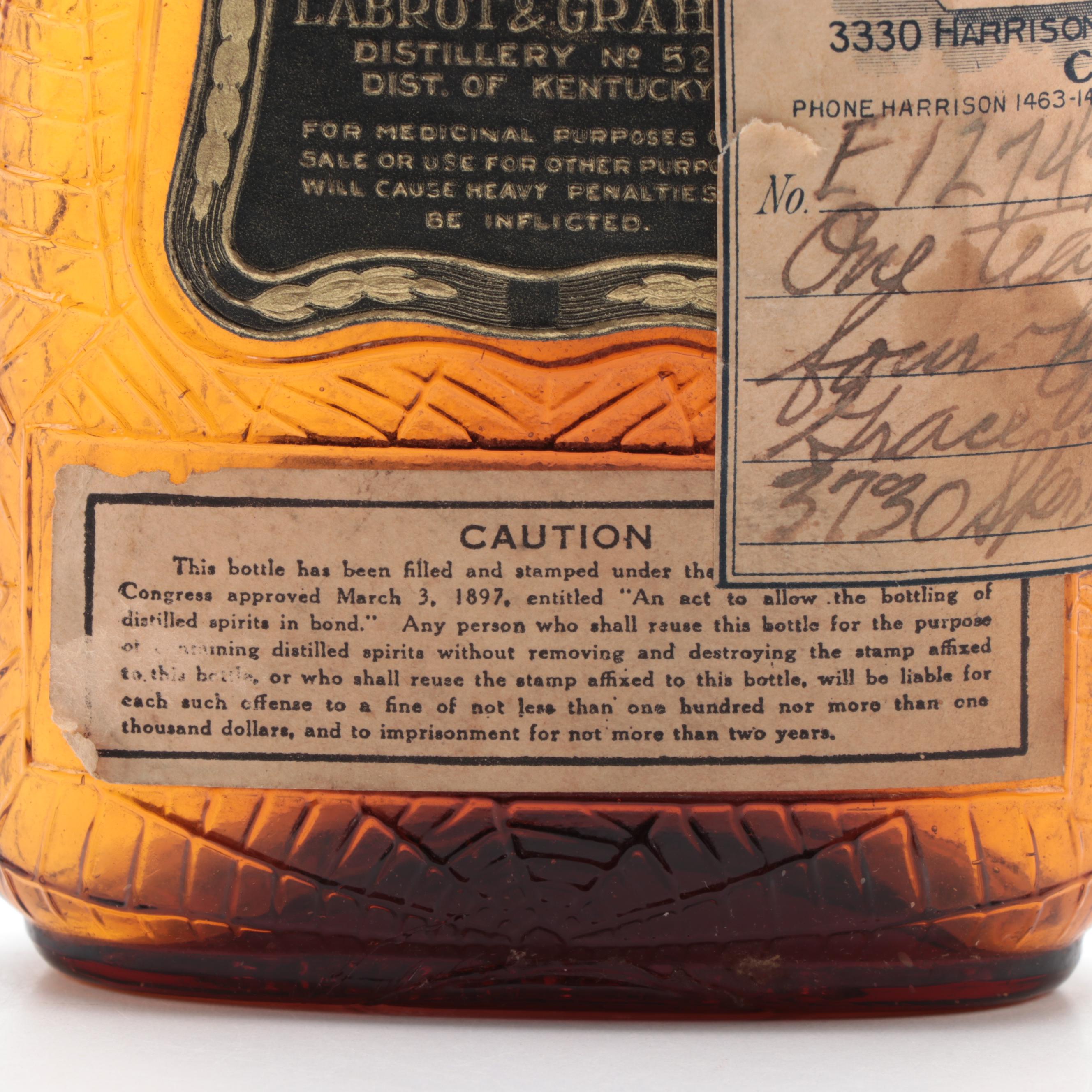 Frankfort Distillery Whiskey Bottle with Attached Prescription Label, Antique