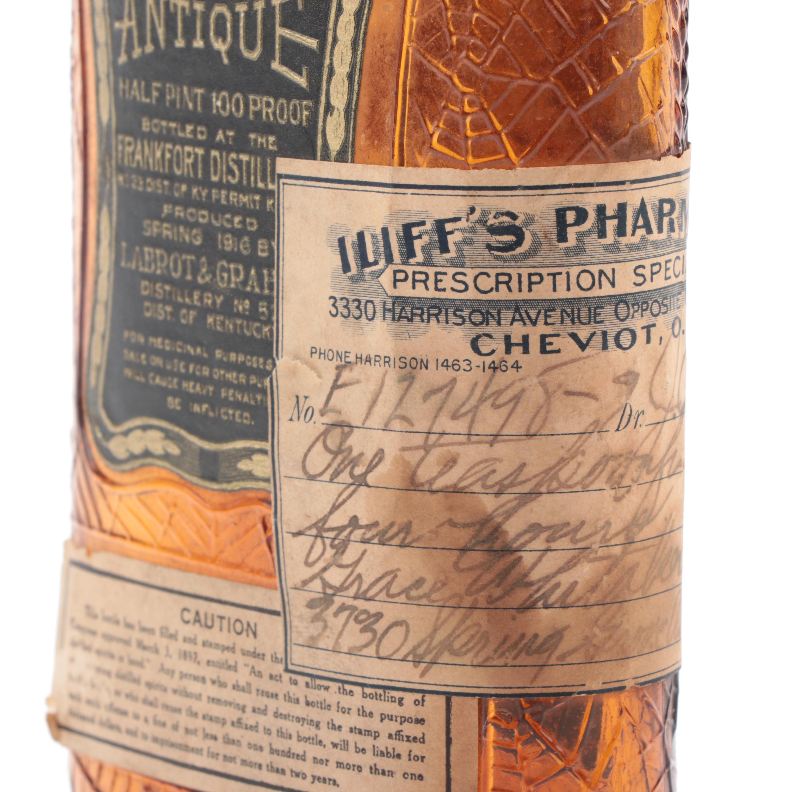 Frankfort Distillery Whiskey Bottle with Attached Prescription Label, Antique