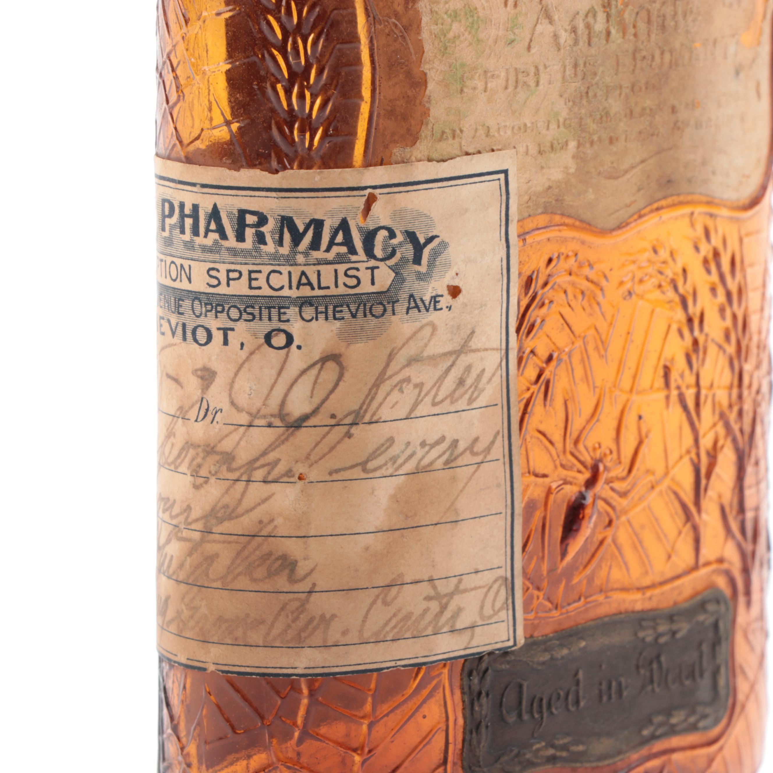 Frankfort Distillery Whiskey Bottle with Attached Prescription Label, Antique