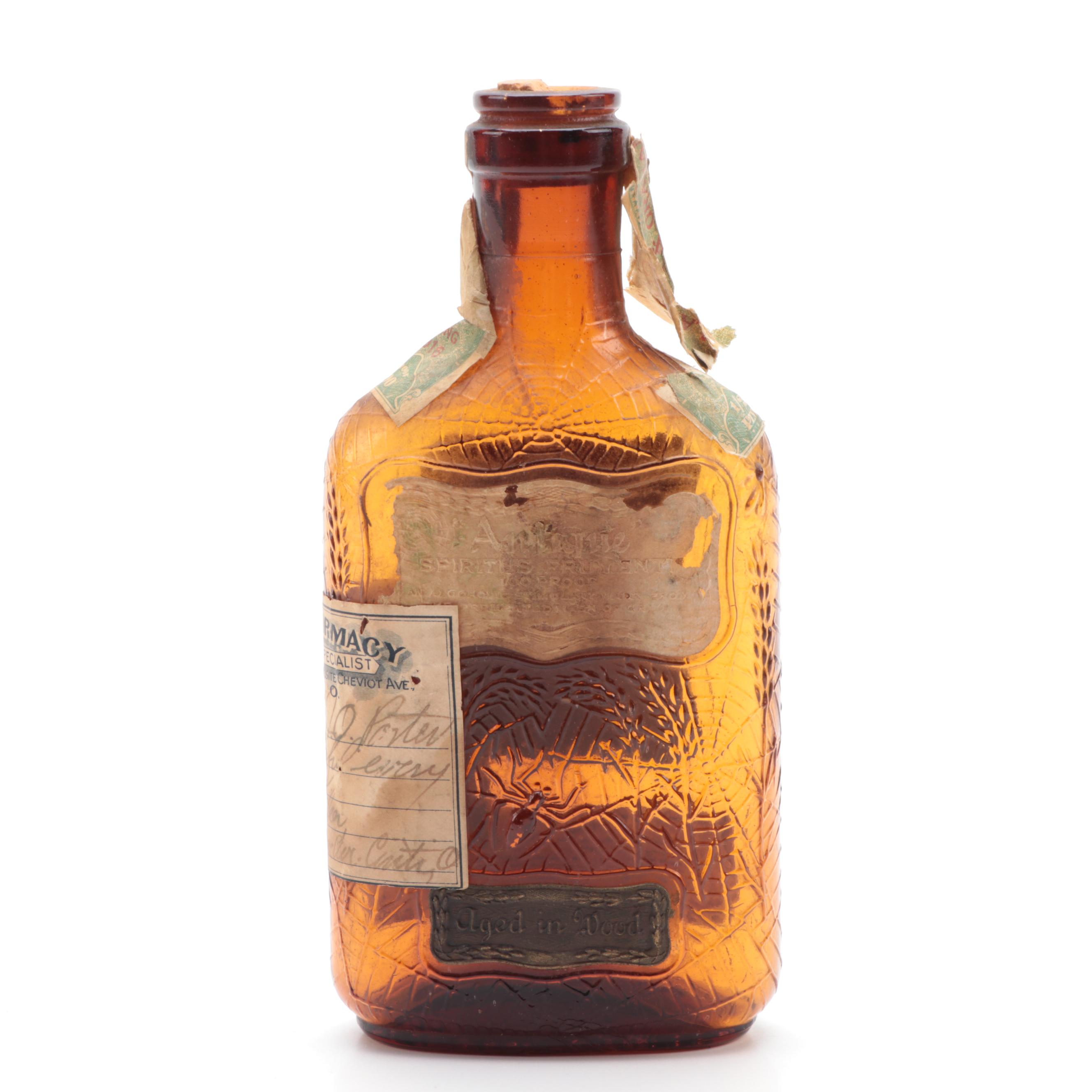 Frankfort Distillery Whiskey Bottle with Attached Prescription Label, Antique