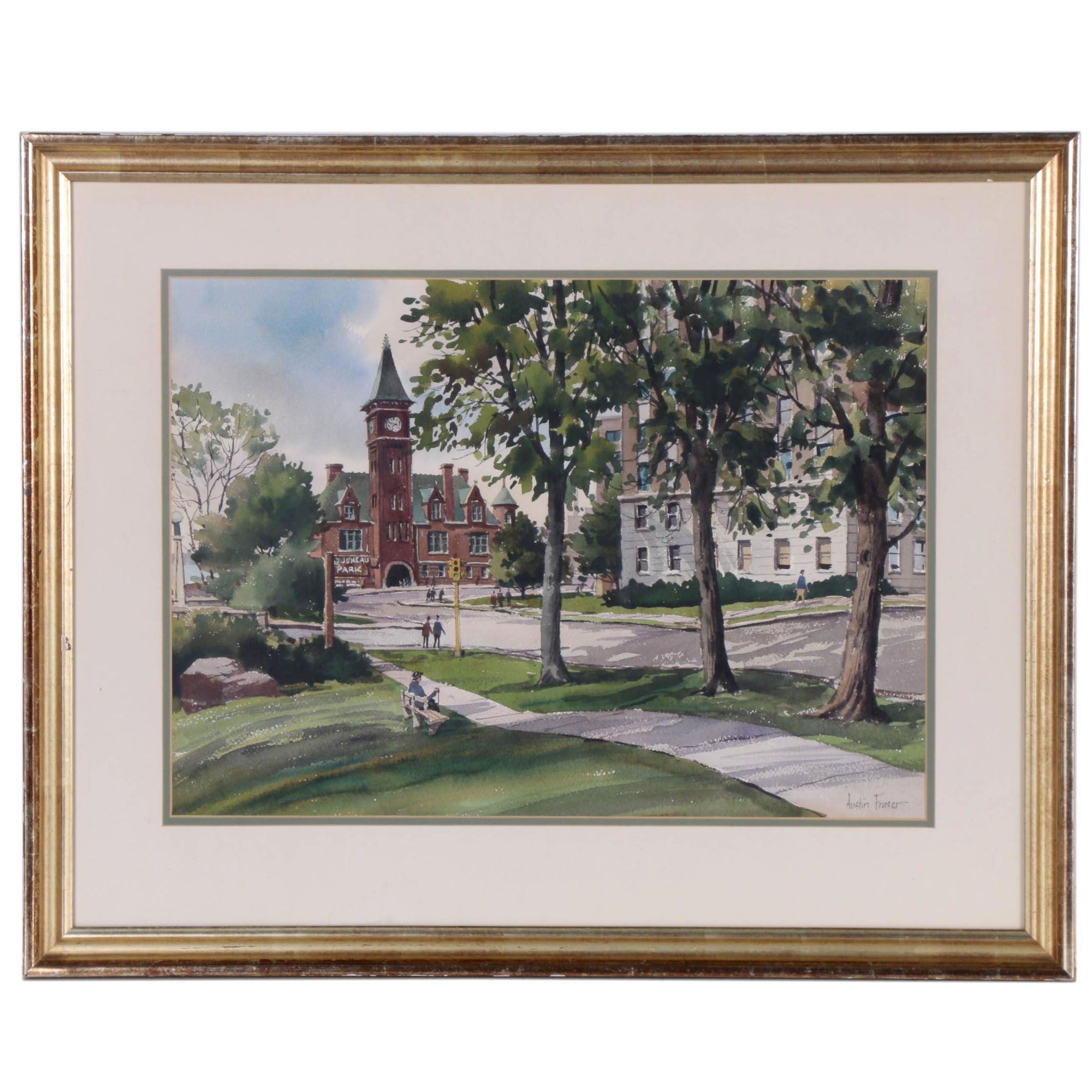 Austin Fraser Watercolor Landscape Painting of Juneau Park, Mid-20th Century