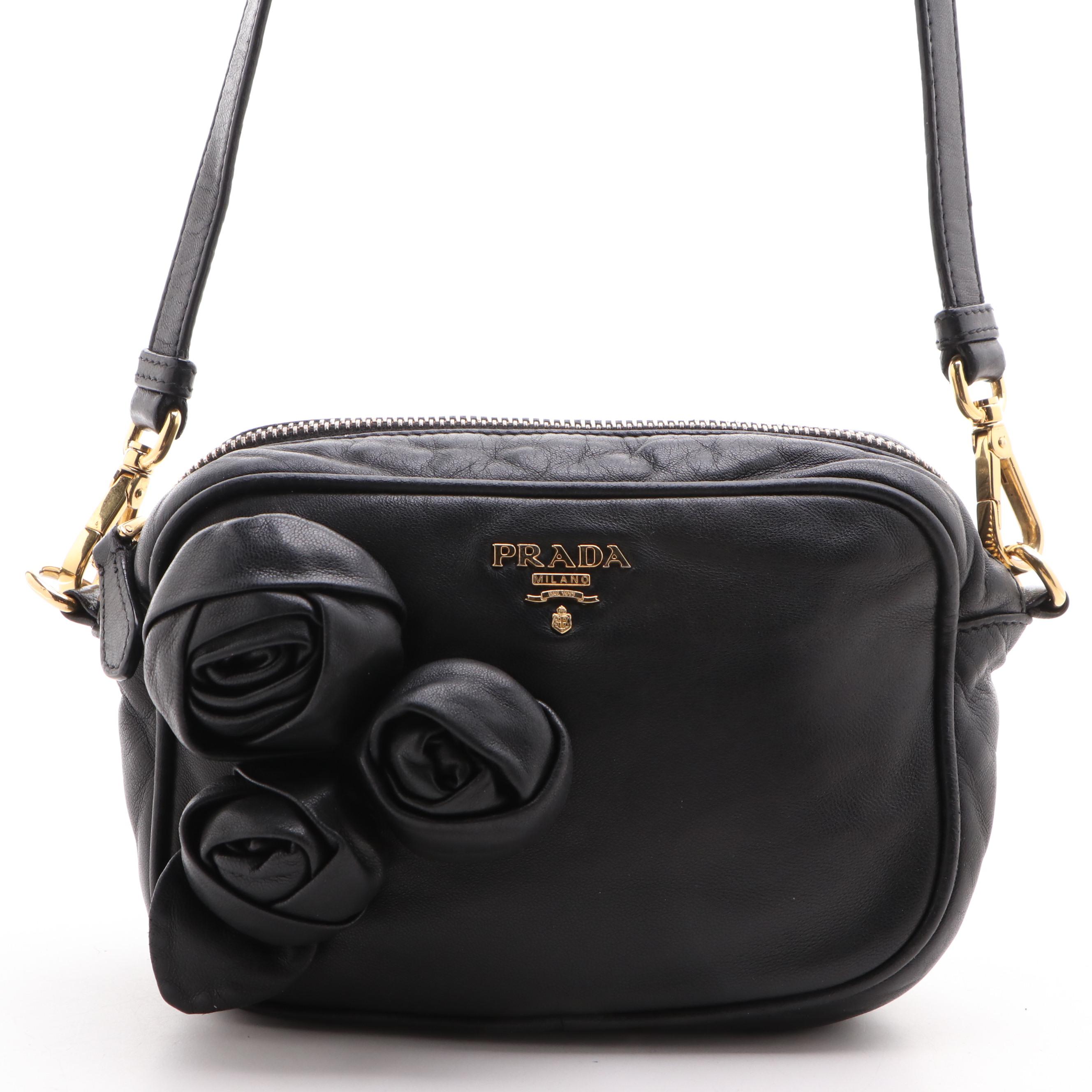 Prada Rose Black Leather Mini Zip Crossbody Bag