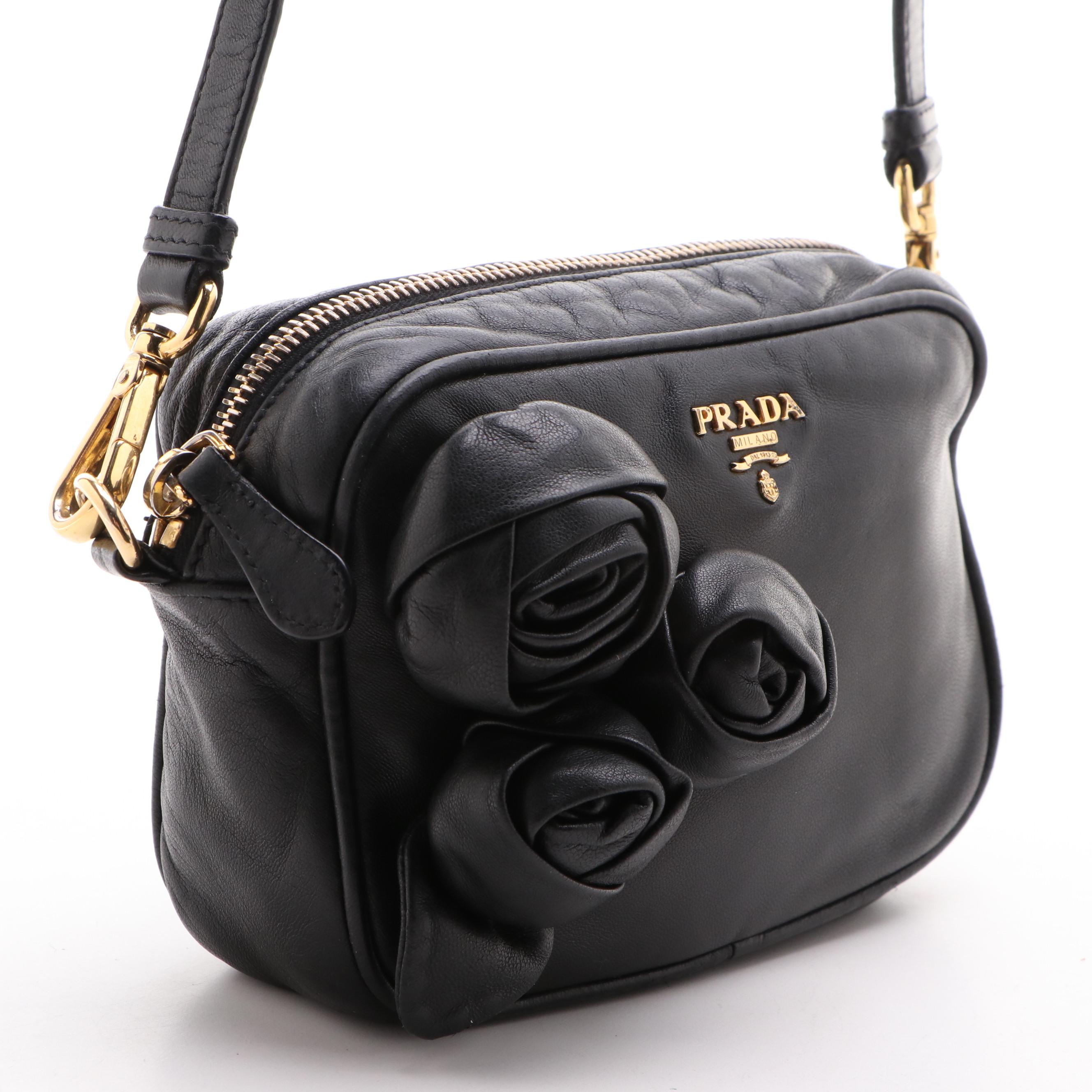 Prada Rose Black Leather Mini Zip Crossbody Bag