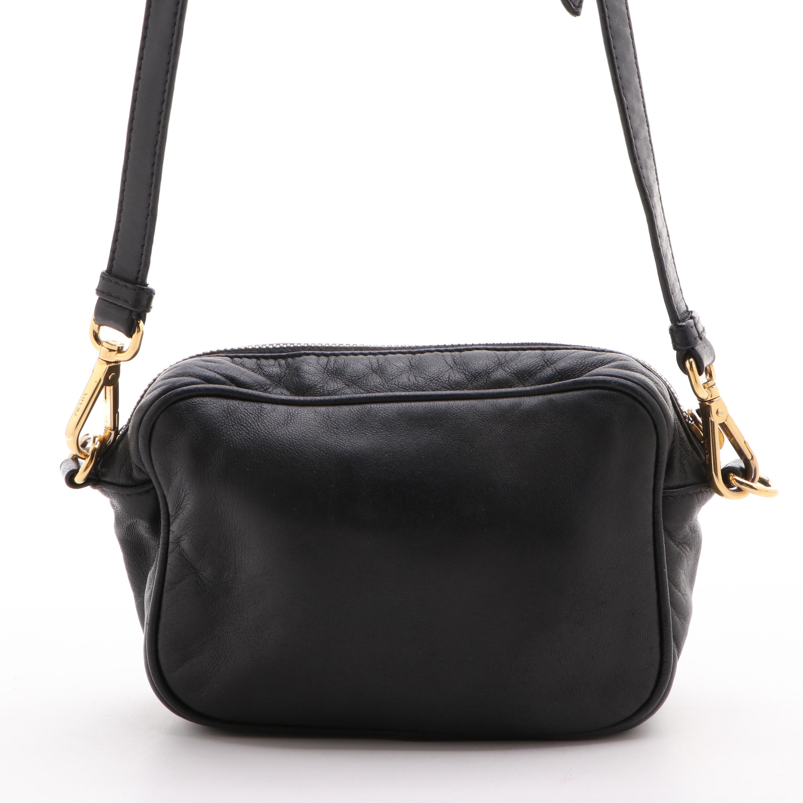 Prada Rose Black Leather Mini Zip Crossbody Bag