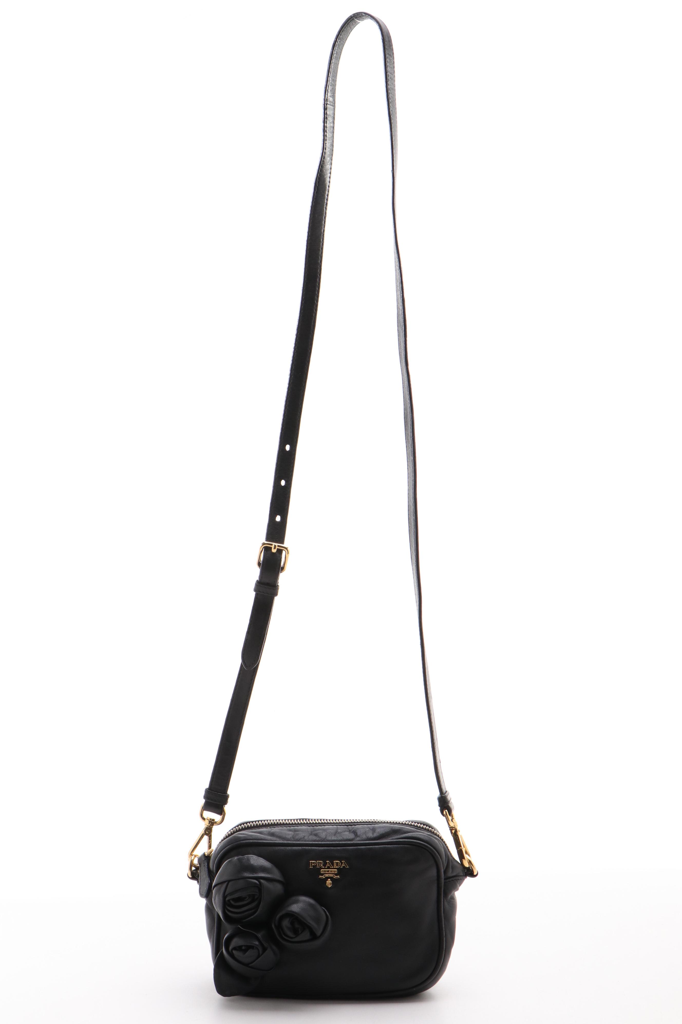 Prada Rose Black Leather Mini Zip Crossbody Bag