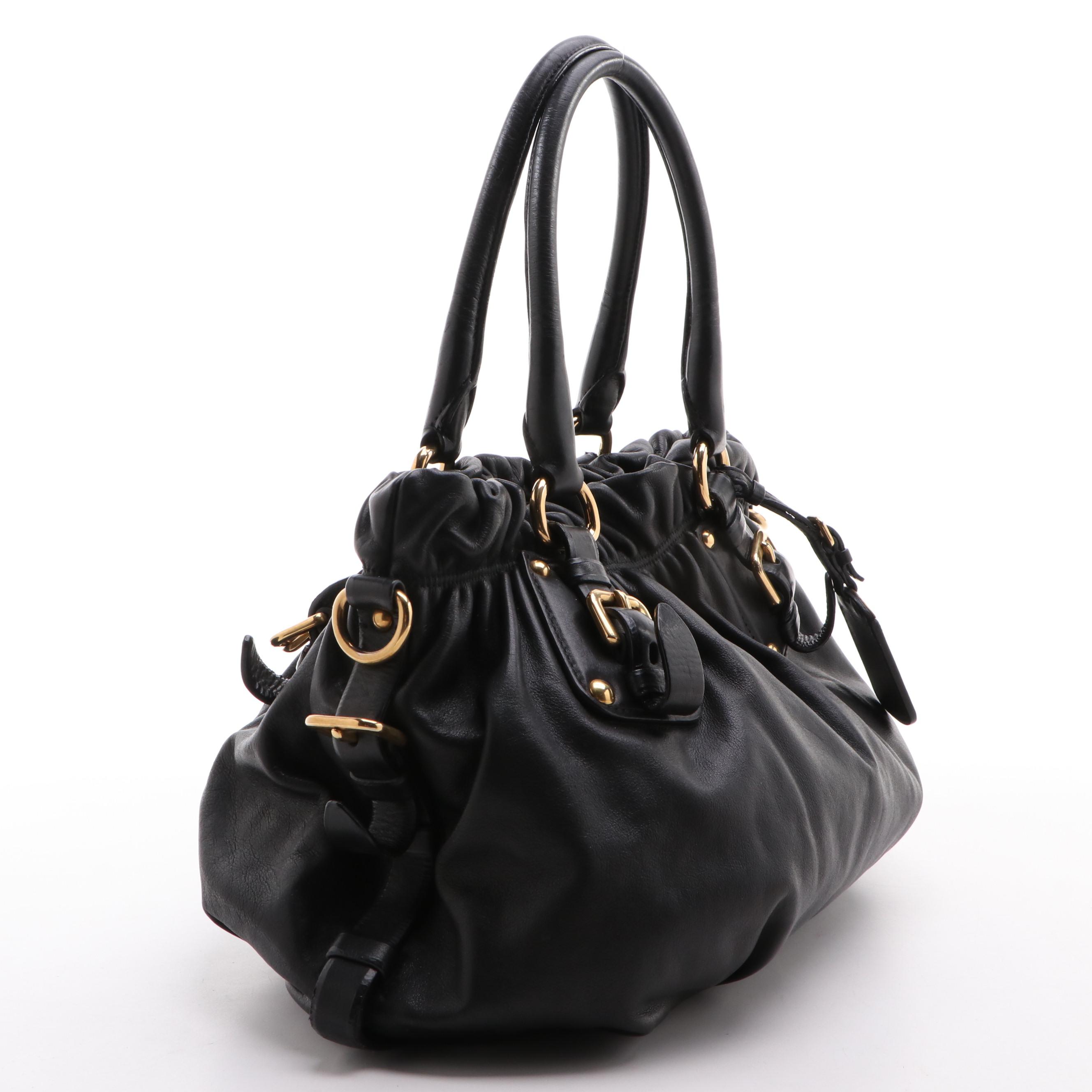 Prada Pleated Black Leather Convertible Satchel