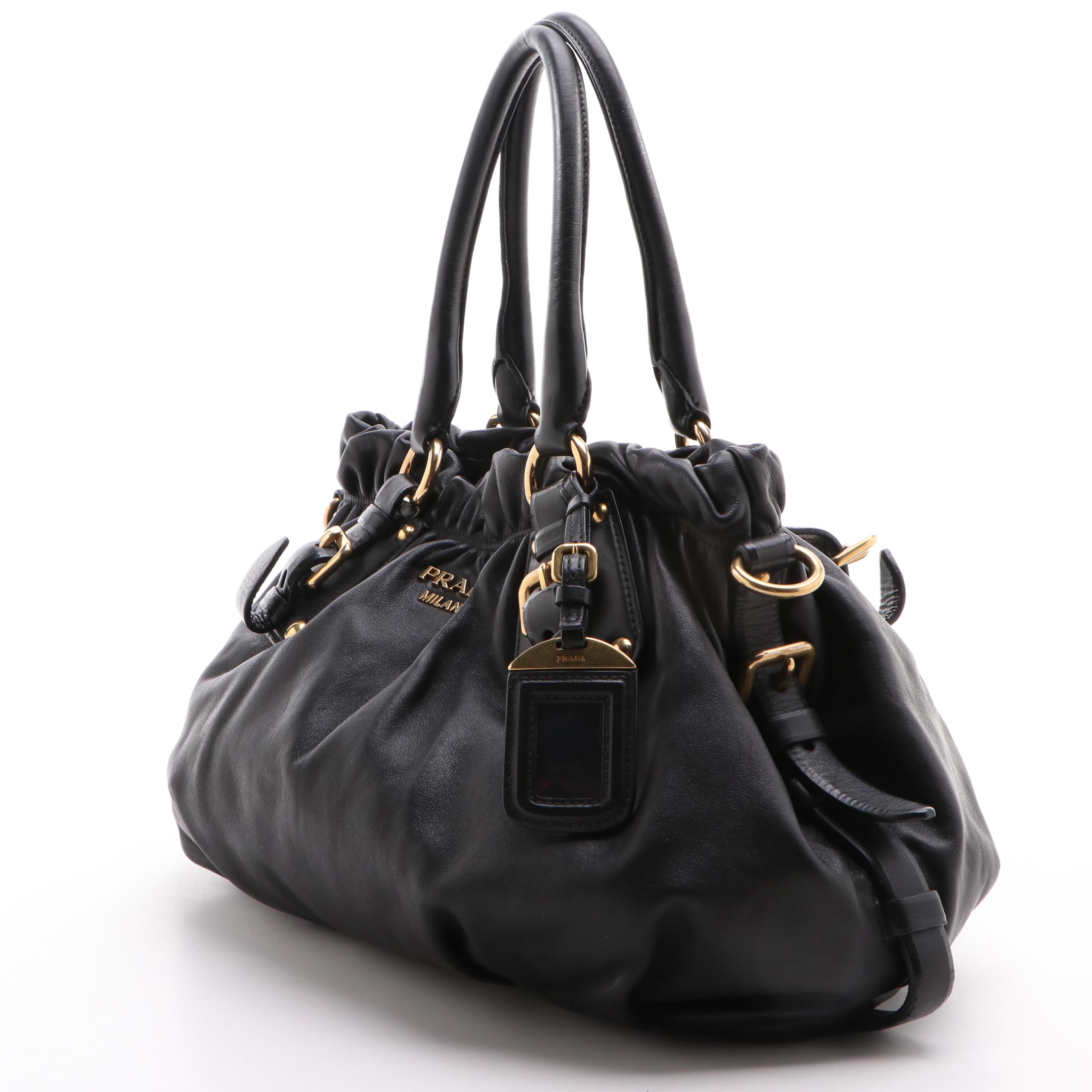 Prada Pleated Black Leather Convertible Satchel