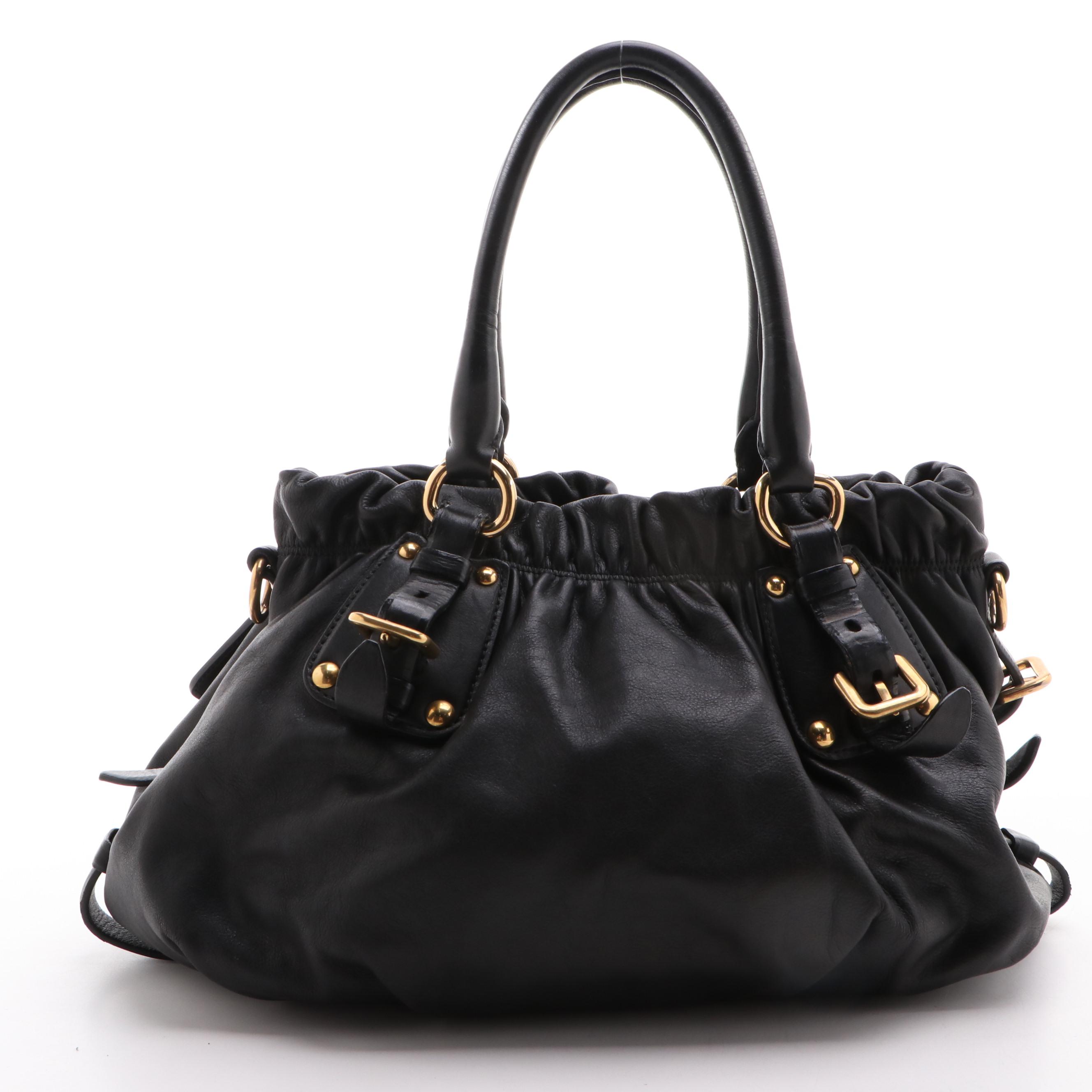 Prada Pleated Black Leather Convertible Satchel