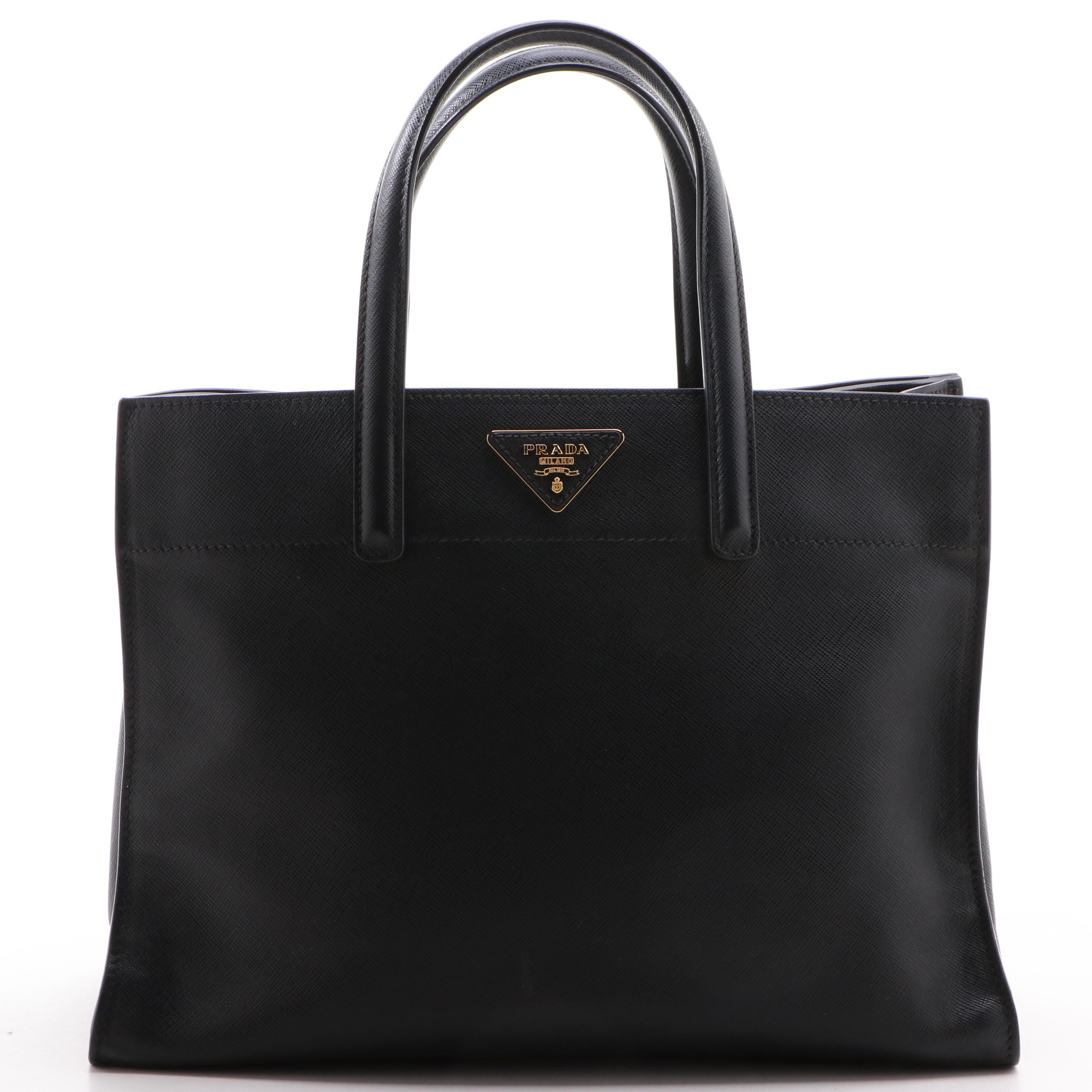 Prada Black Saffiano Leather Triple Pocket Convertible Two-Way Tote