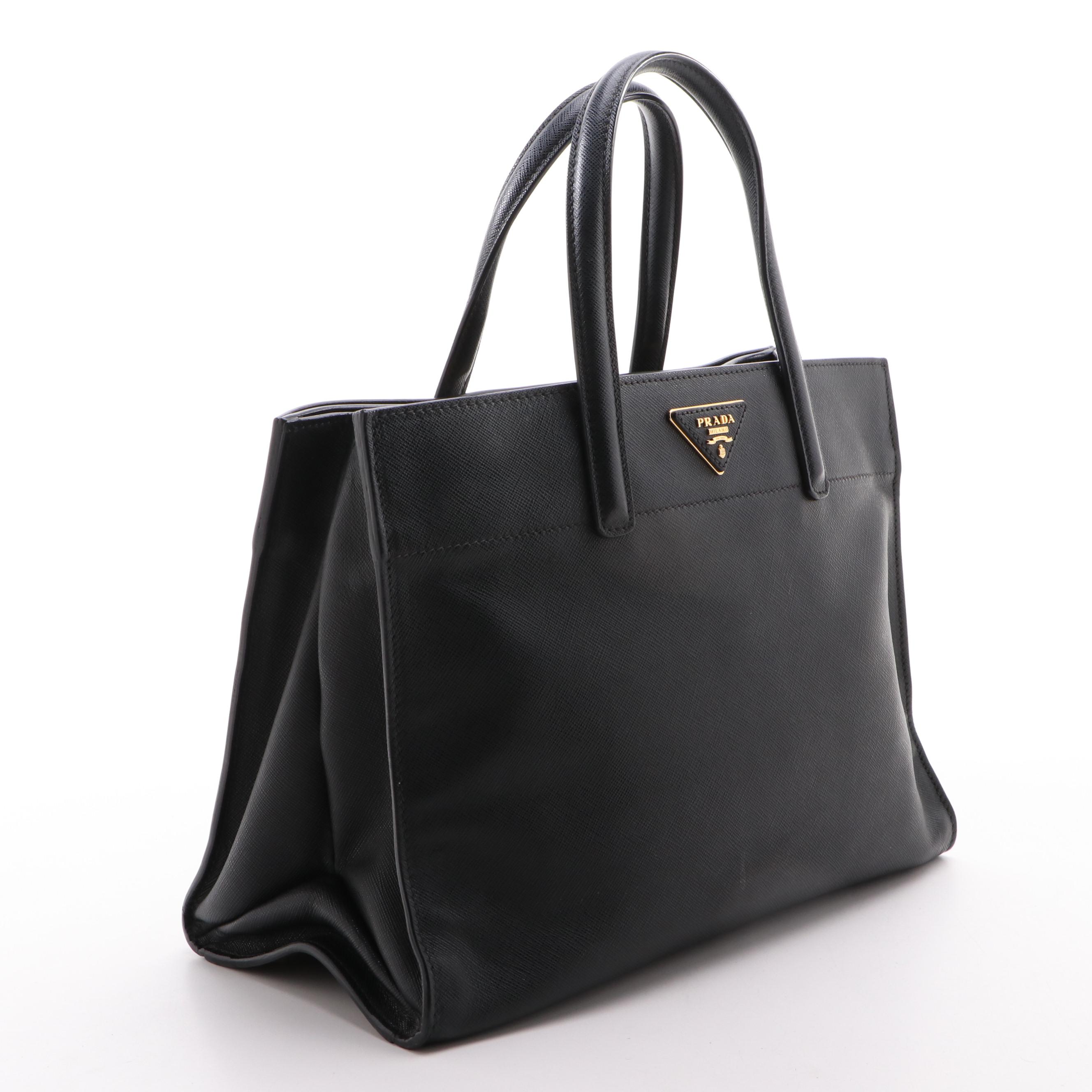 Prada Black Saffiano Leather Triple Pocket Convertible Two-Way Tote