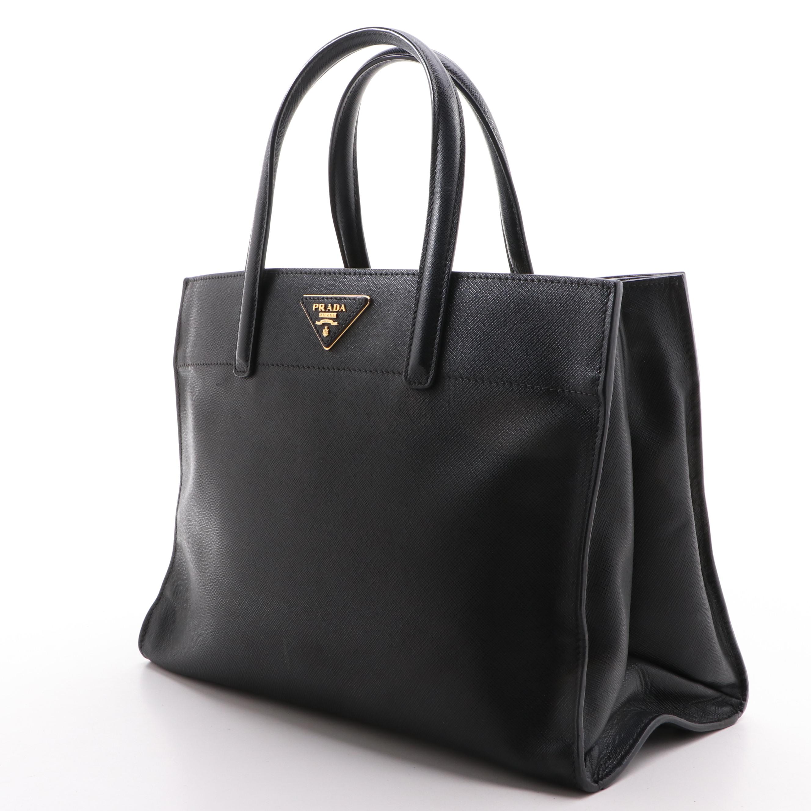 Prada Black Saffiano Leather Triple Pocket Convertible Two-Way Tote