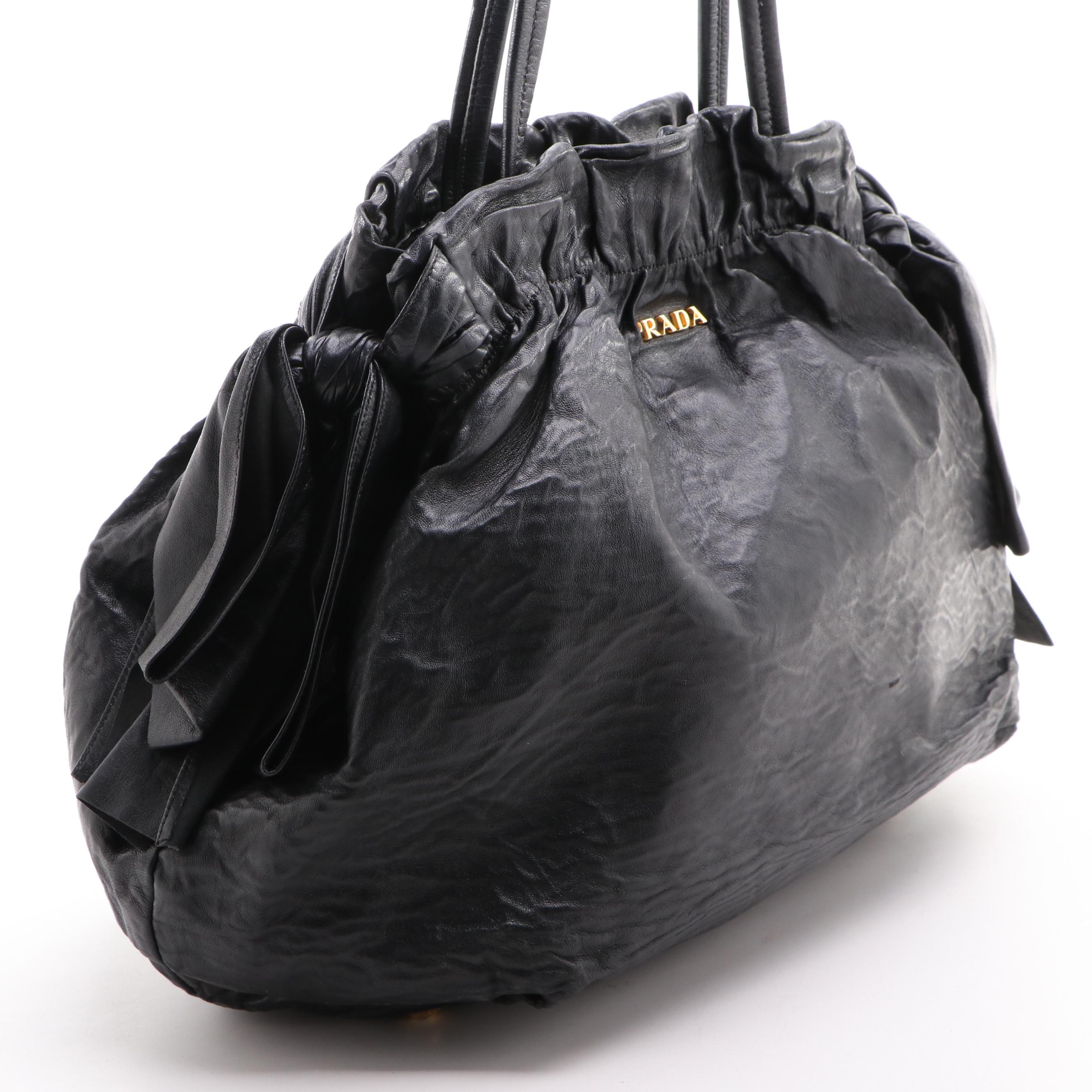 Prada Bow Tie Pleated Black Leather Two-Way Shoulder Tote