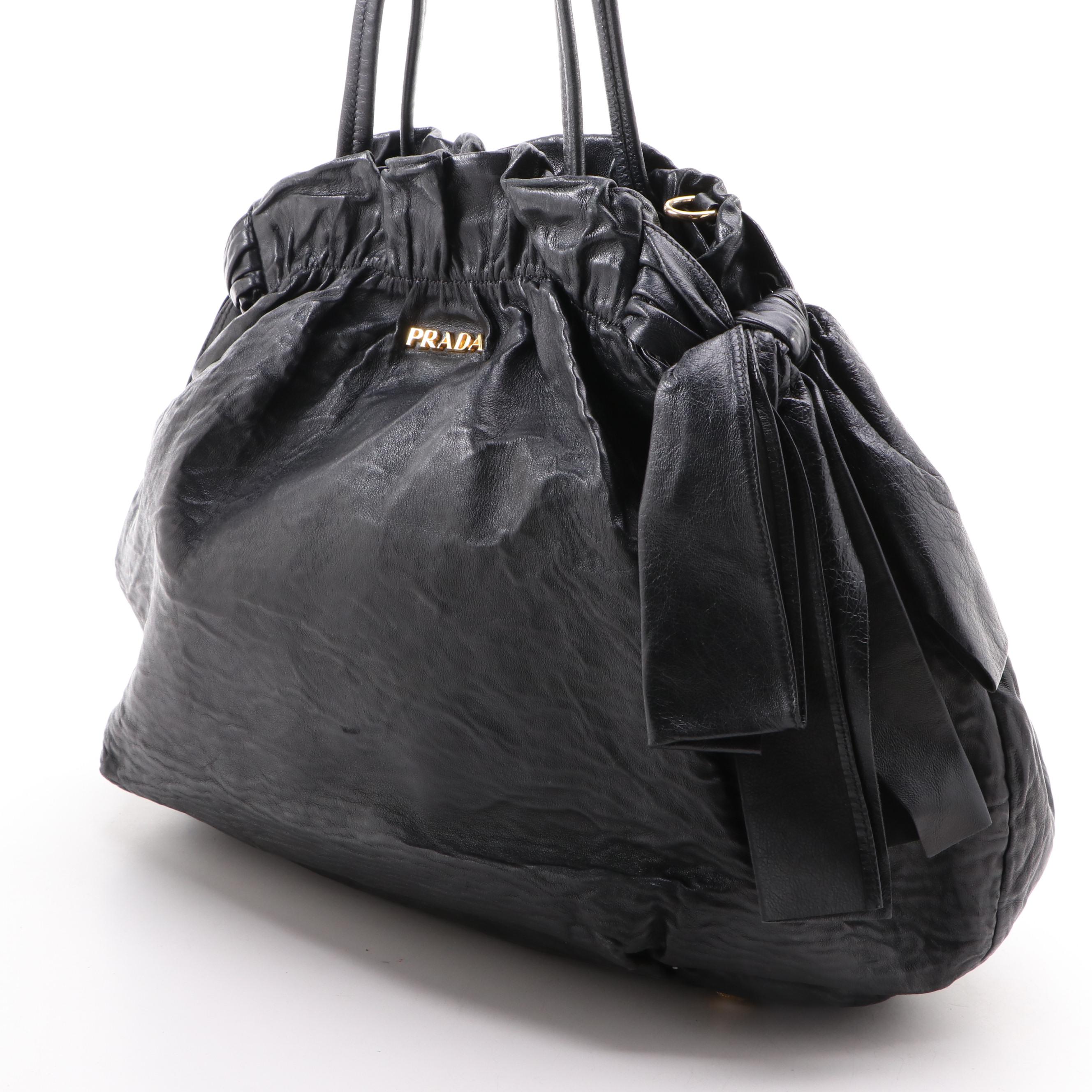 Prada Bow Tie Pleated Black Leather Two-Way Shoulder Tote