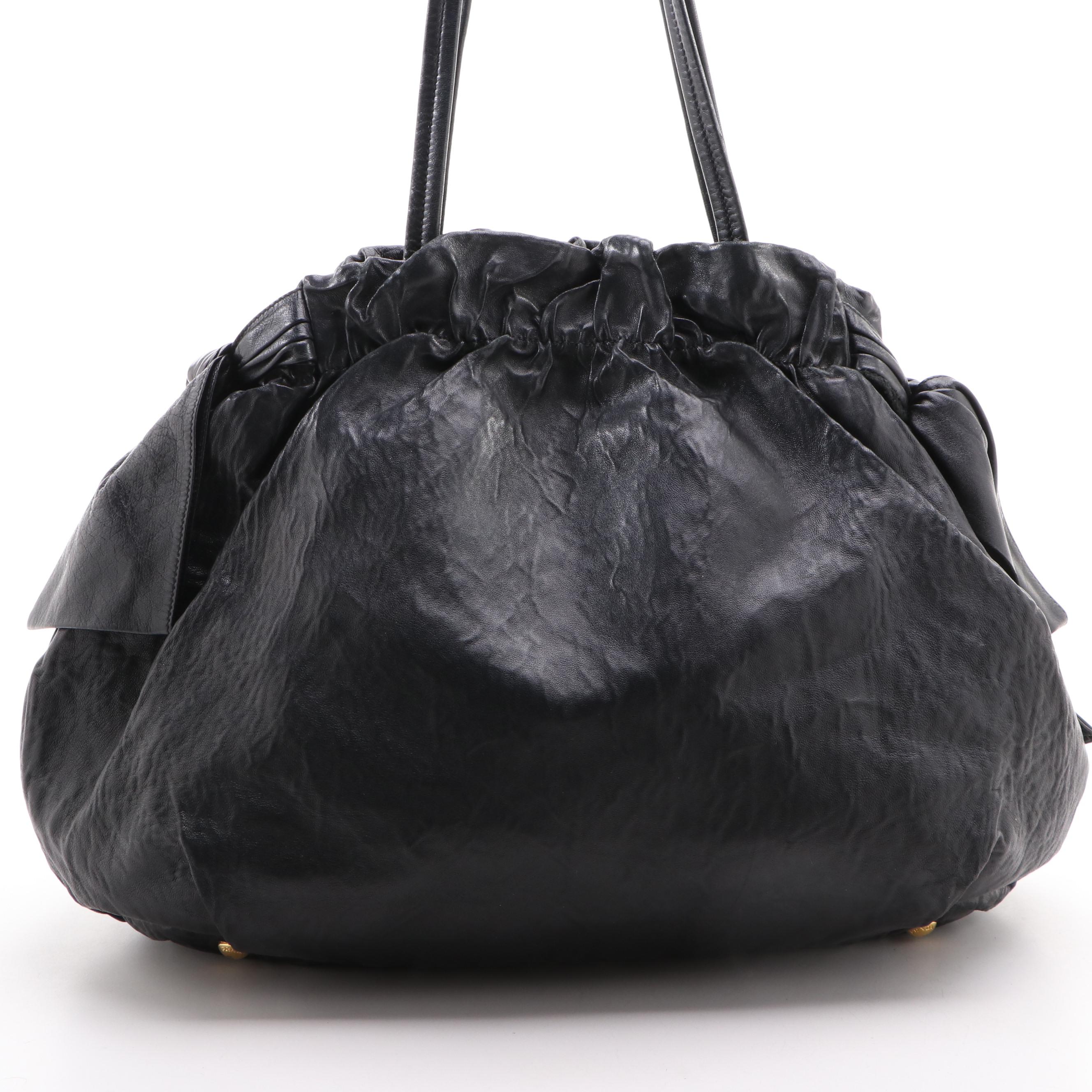 Prada Bow Tie Pleated Black Leather Two-Way Shoulder Tote