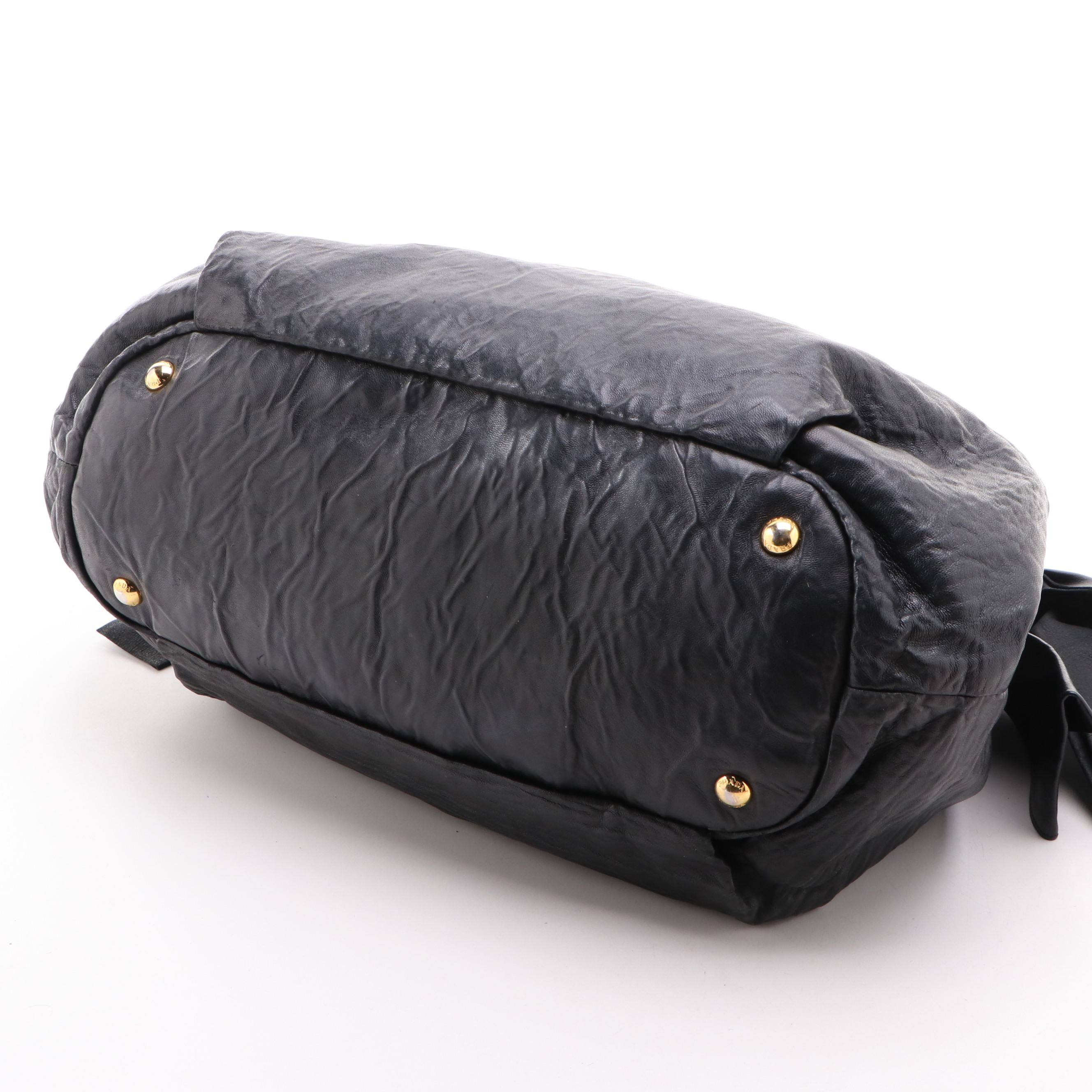 Prada Bow Tie Pleated Black Leather Two-Way Shoulder Tote