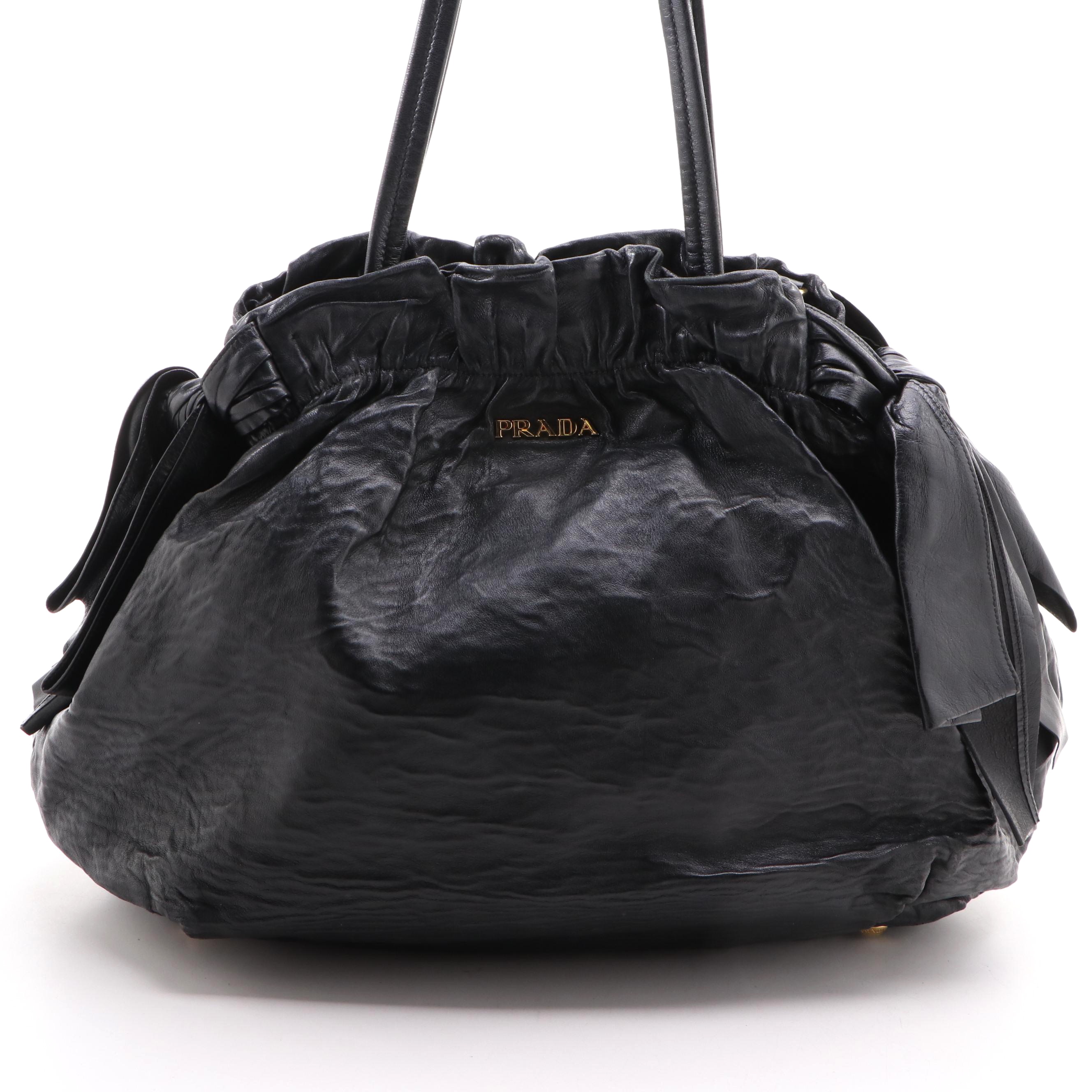 Prada Bow Tie Pleated Black Leather Two-Way Shoulder Tote