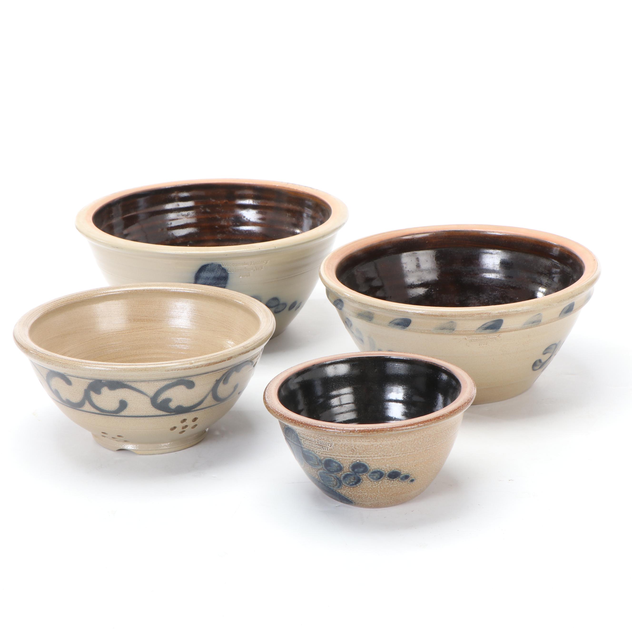 Wisconsin Pottery Stoneware Mixing Bowls and Strainer Bowl, 1980s
