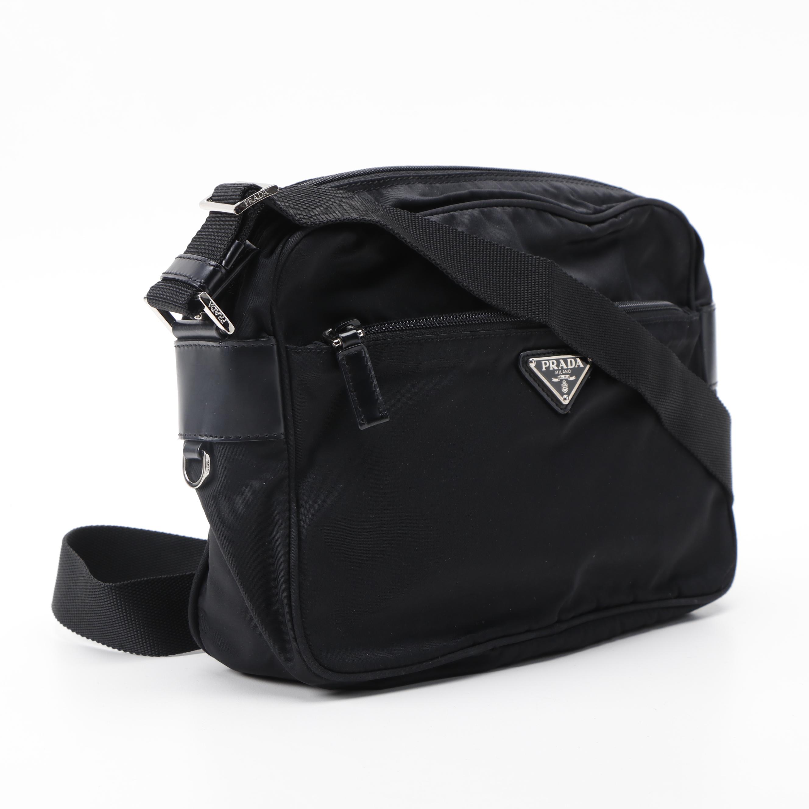 Prada Crossbody Camera Bag in Black Nylon with Smooth Leather Trim