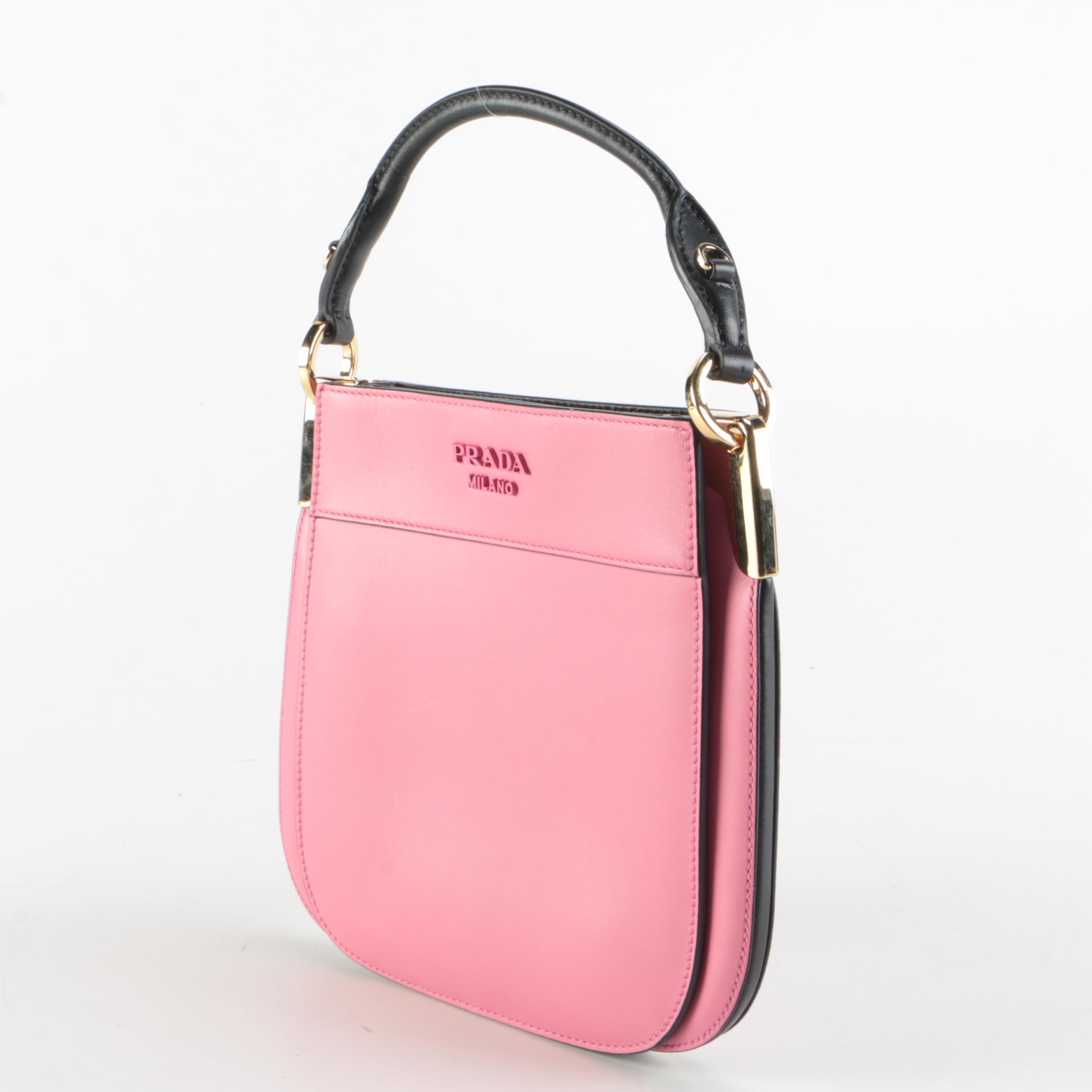 Prada Small Margit Two-Way Handbag in Pink Leather with Black Leather Trim