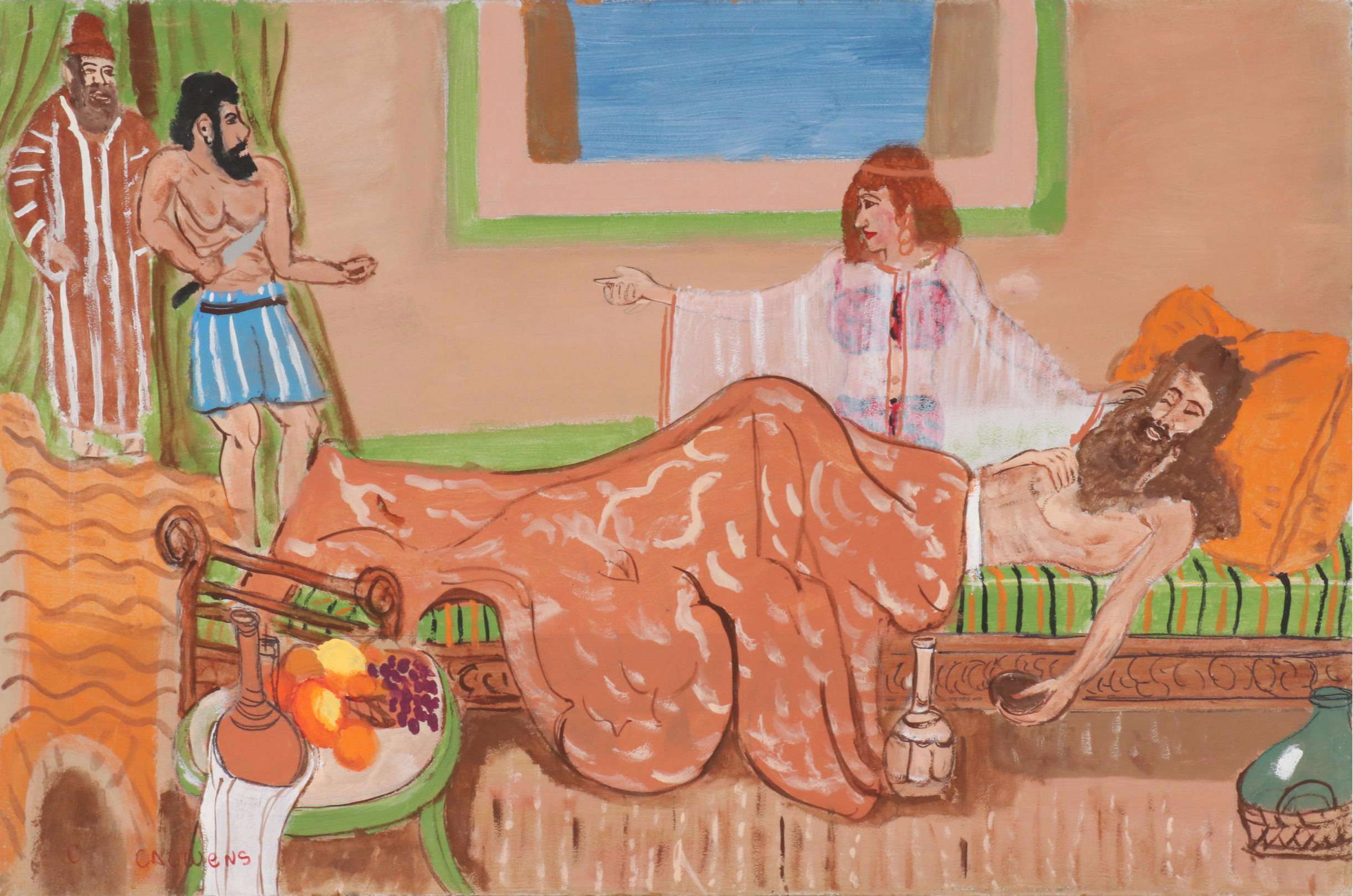 Charles A. Owens Folk Art Acrylic Painting of Samson and Delilah