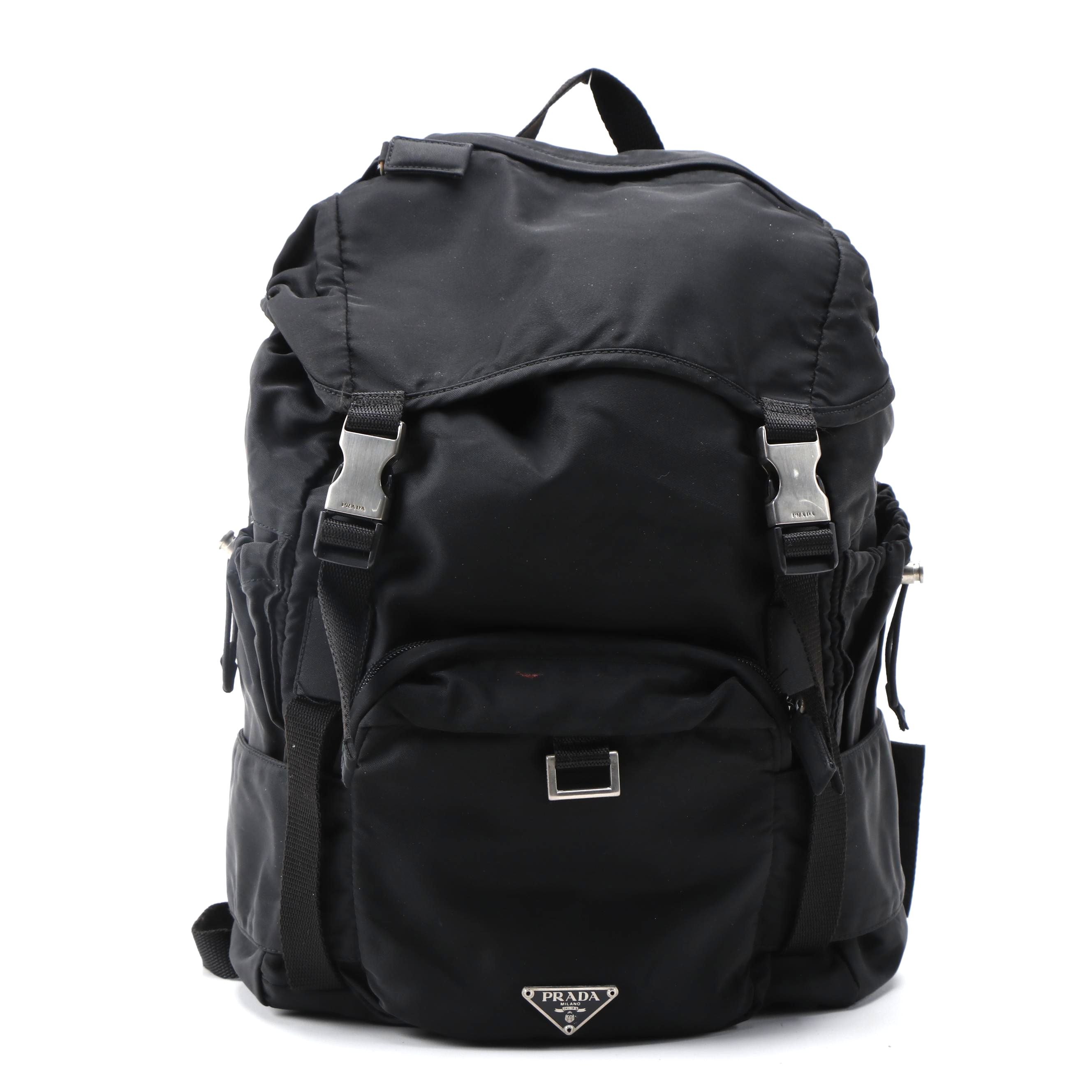Prada Double Buckle Black Nylon and Canvas Backpack with Belt Straps