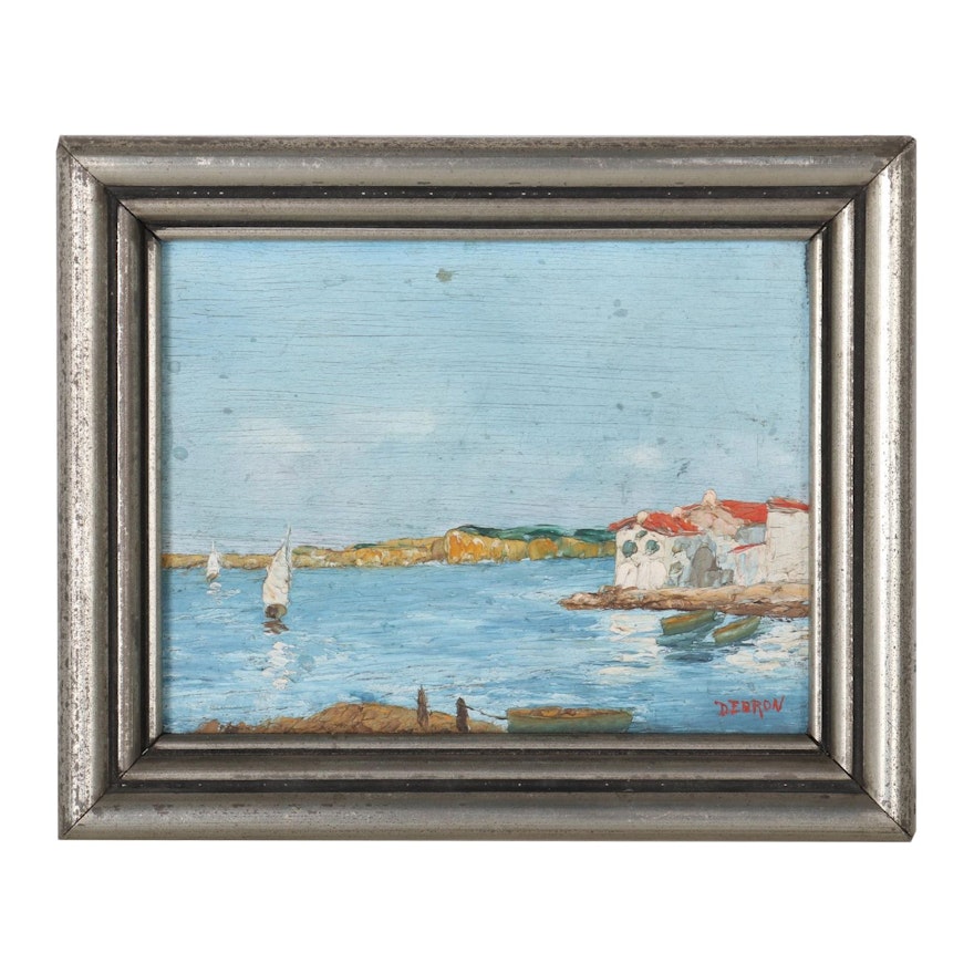 French Coastal Scene Oil Painting, Mid-20th Century