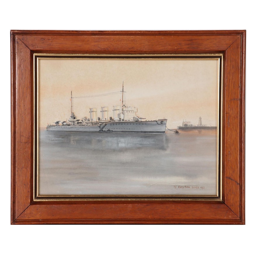 Petty Officer Engleson Naval Watercolor Painting "HMS Swift," 1917