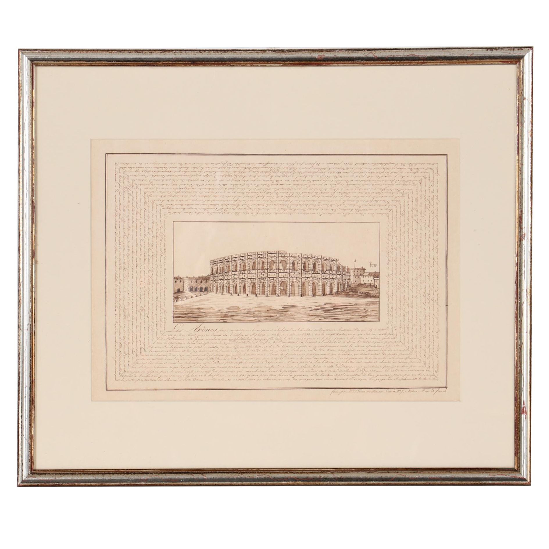 French Ink Drawing "Amphitheatre of Nimes," Early 19th Century