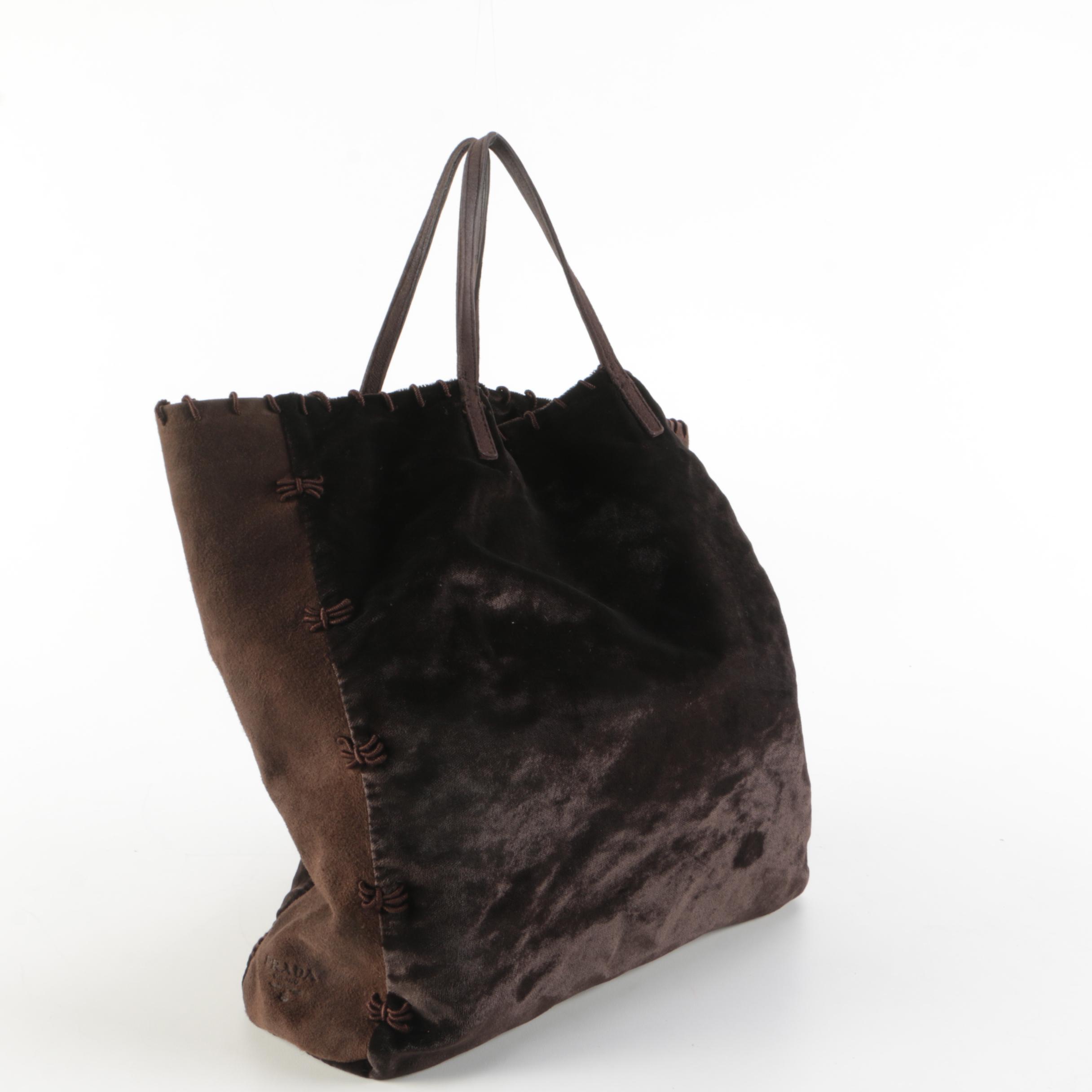Prada Brown Velvet and Suede Corded Fabric Tote