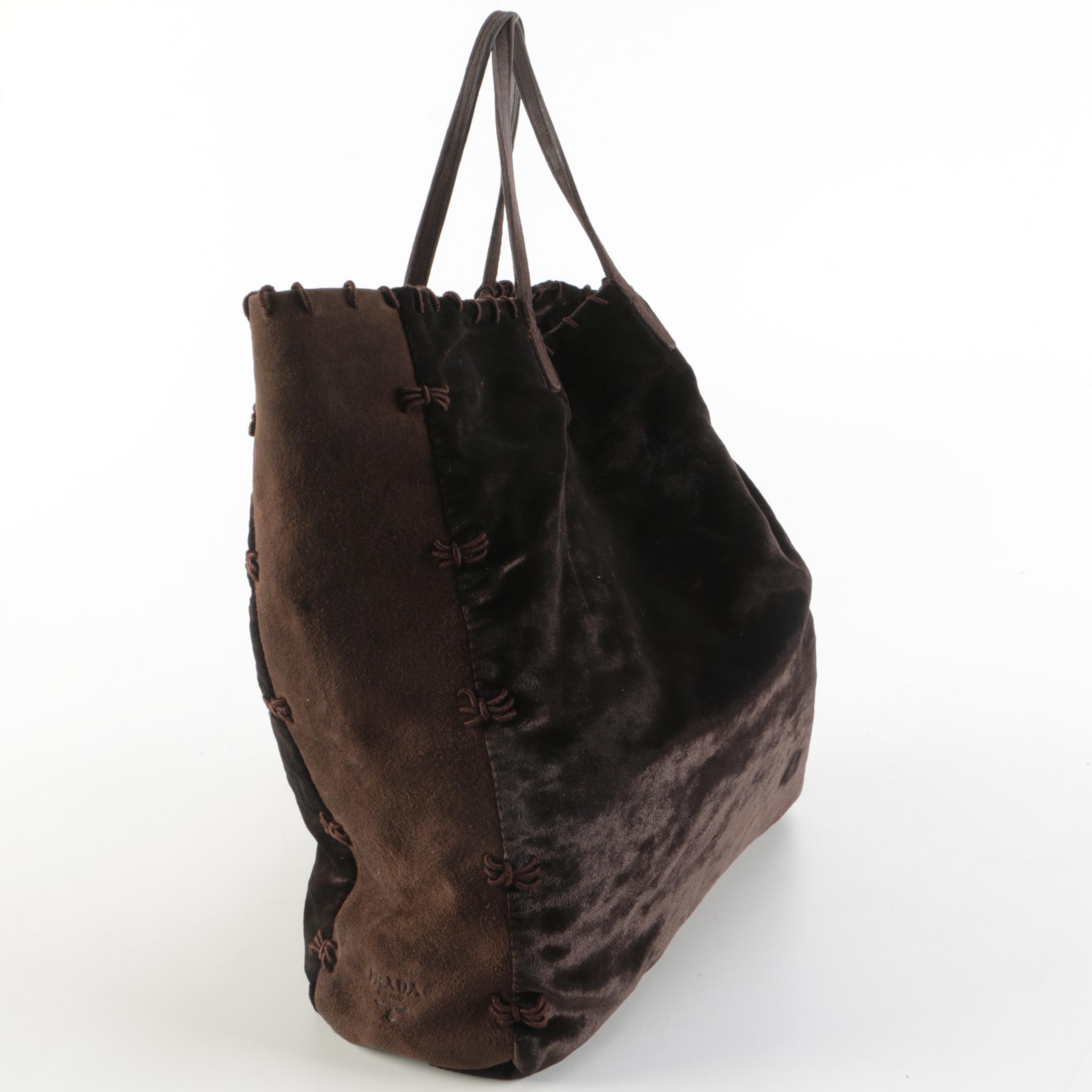 Prada Brown Velvet and Suede Corded Fabric Tote