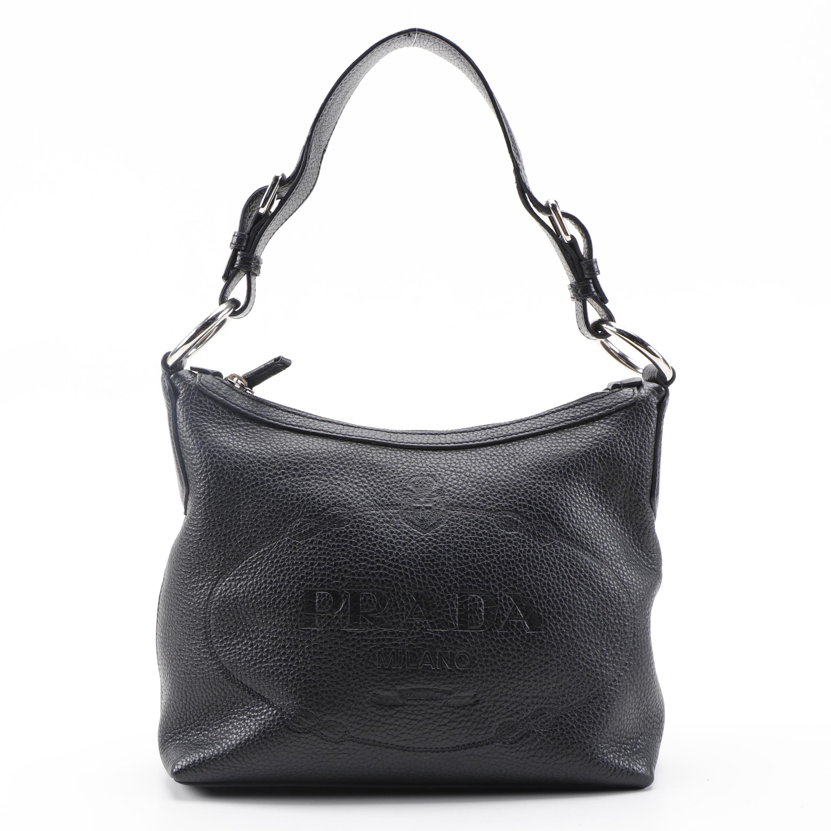 Prada Embossed Logo Black Daino Vitello Shoulder Bag