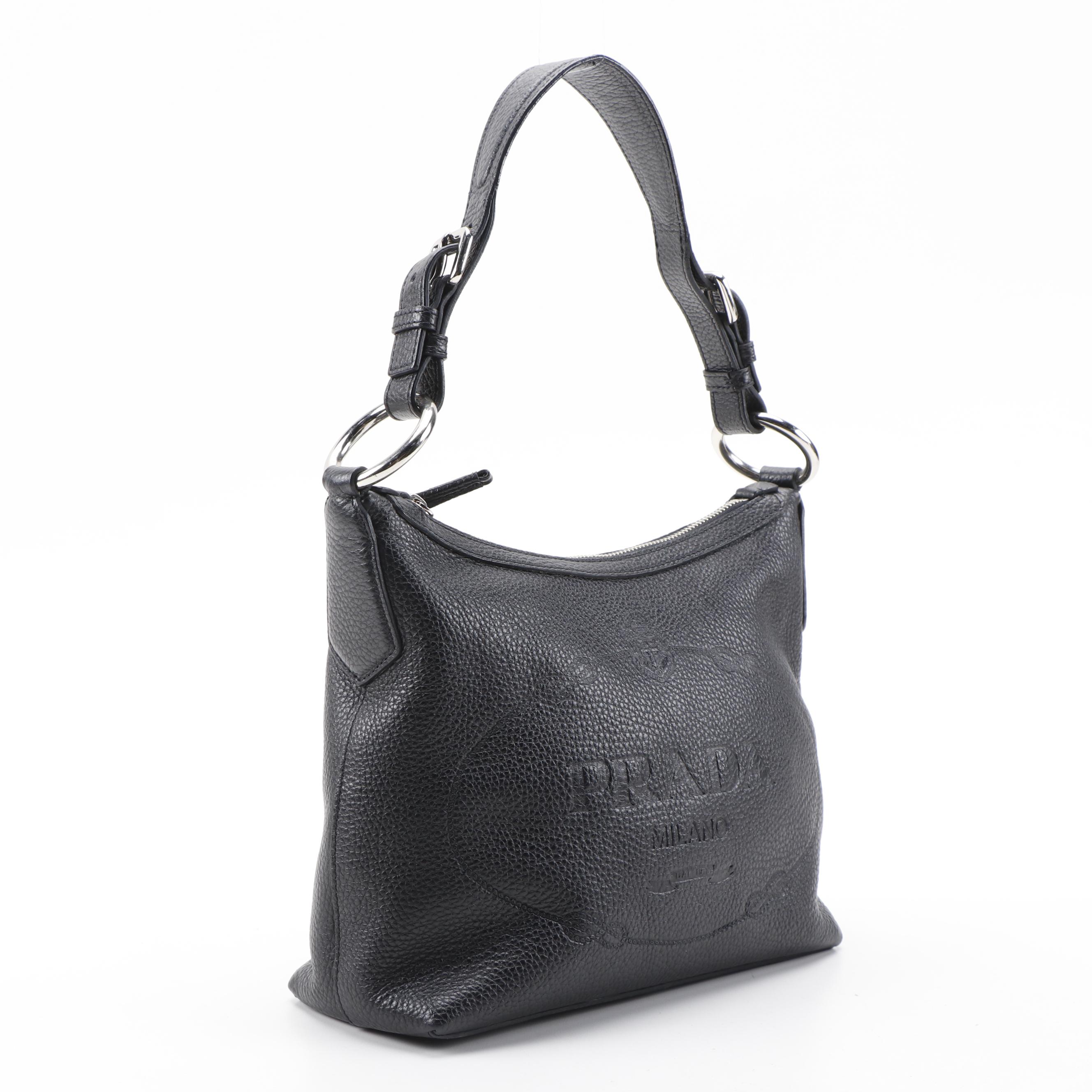 Prada Embossed Logo Black Daino Vitello Shoulder Bag