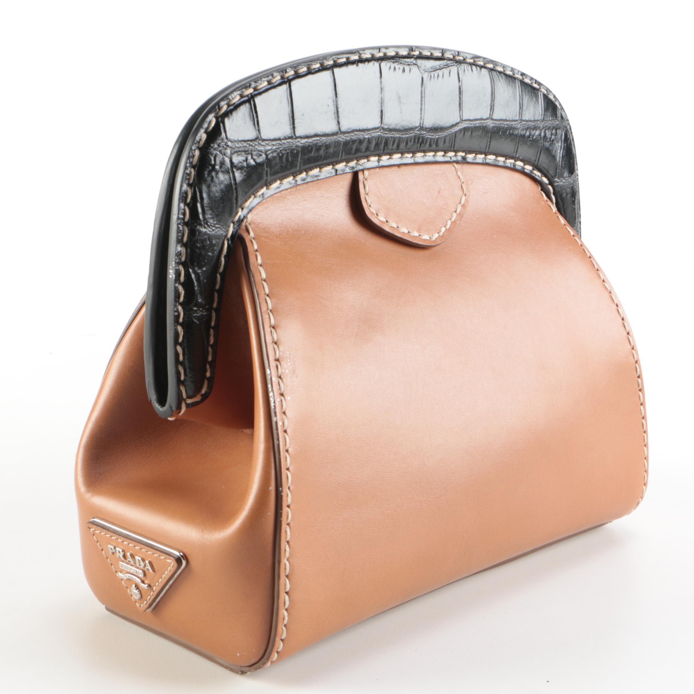 Prada Contrast Stitched Tan Leather Frame Clutch with Black Croc Embossed Trim