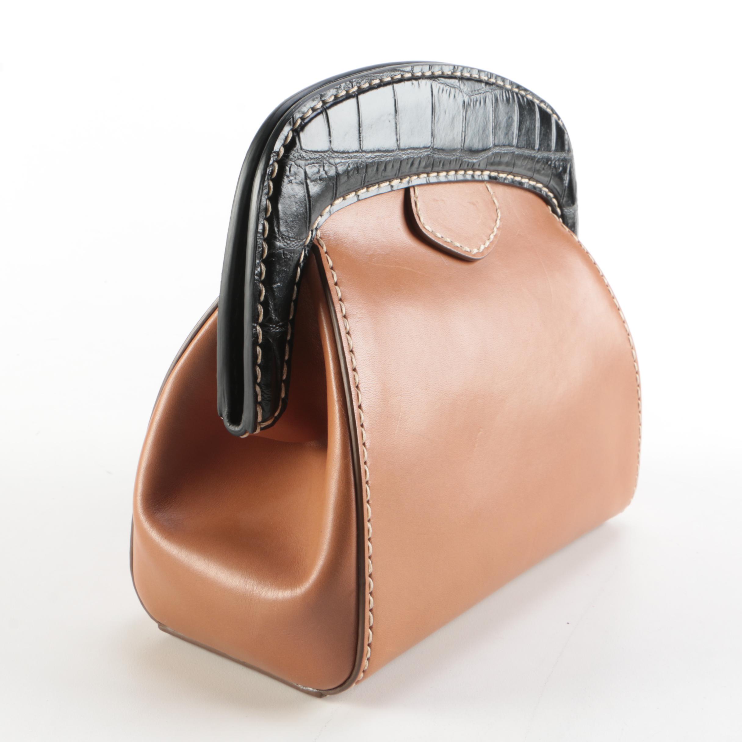 Prada Contrast Stitched Tan Leather Frame Clutch with Black Croc Embossed Trim