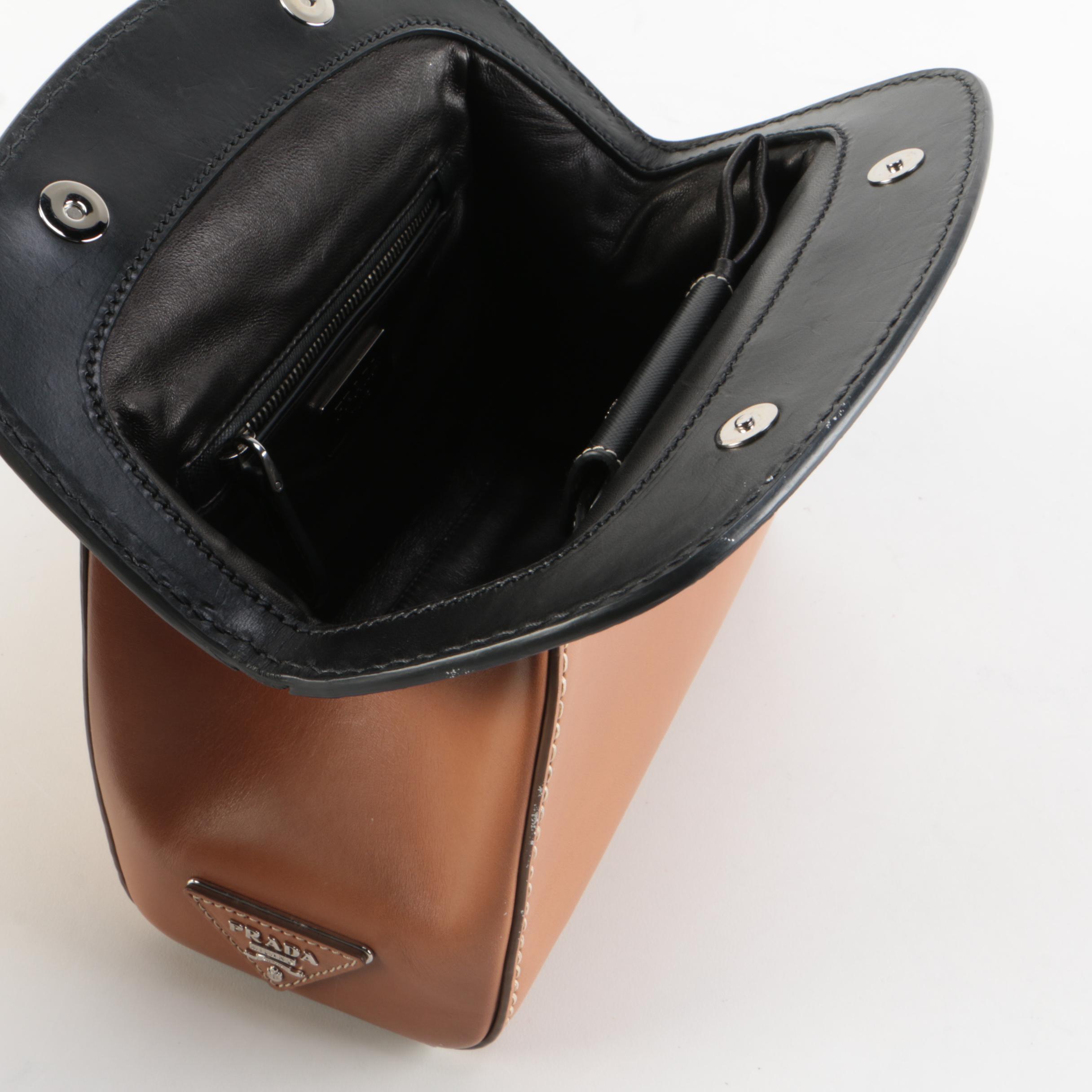 Prada Contrast Stitched Tan Leather Frame Clutch with Black Croc Embossed Trim