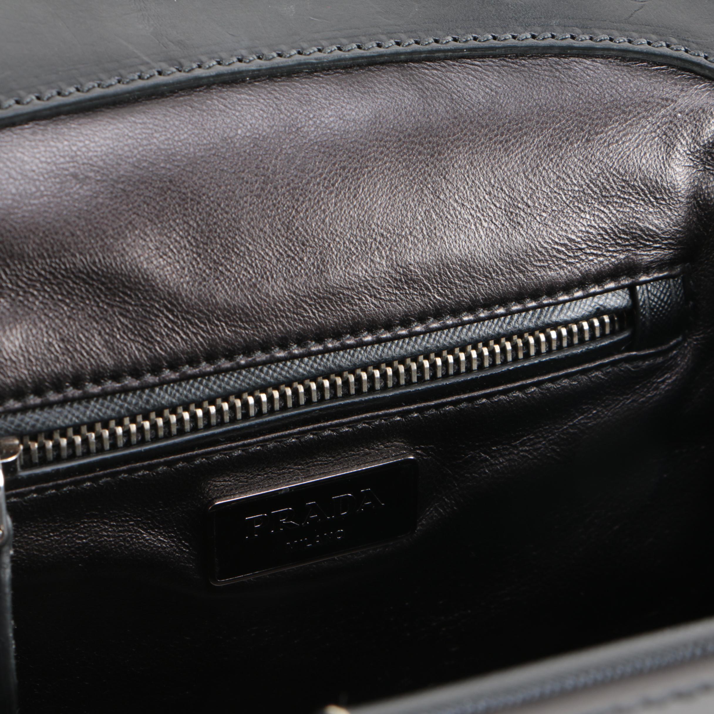 Prada Contrast Stitched Tan Leather Frame Clutch with Black Croc Embossed Trim