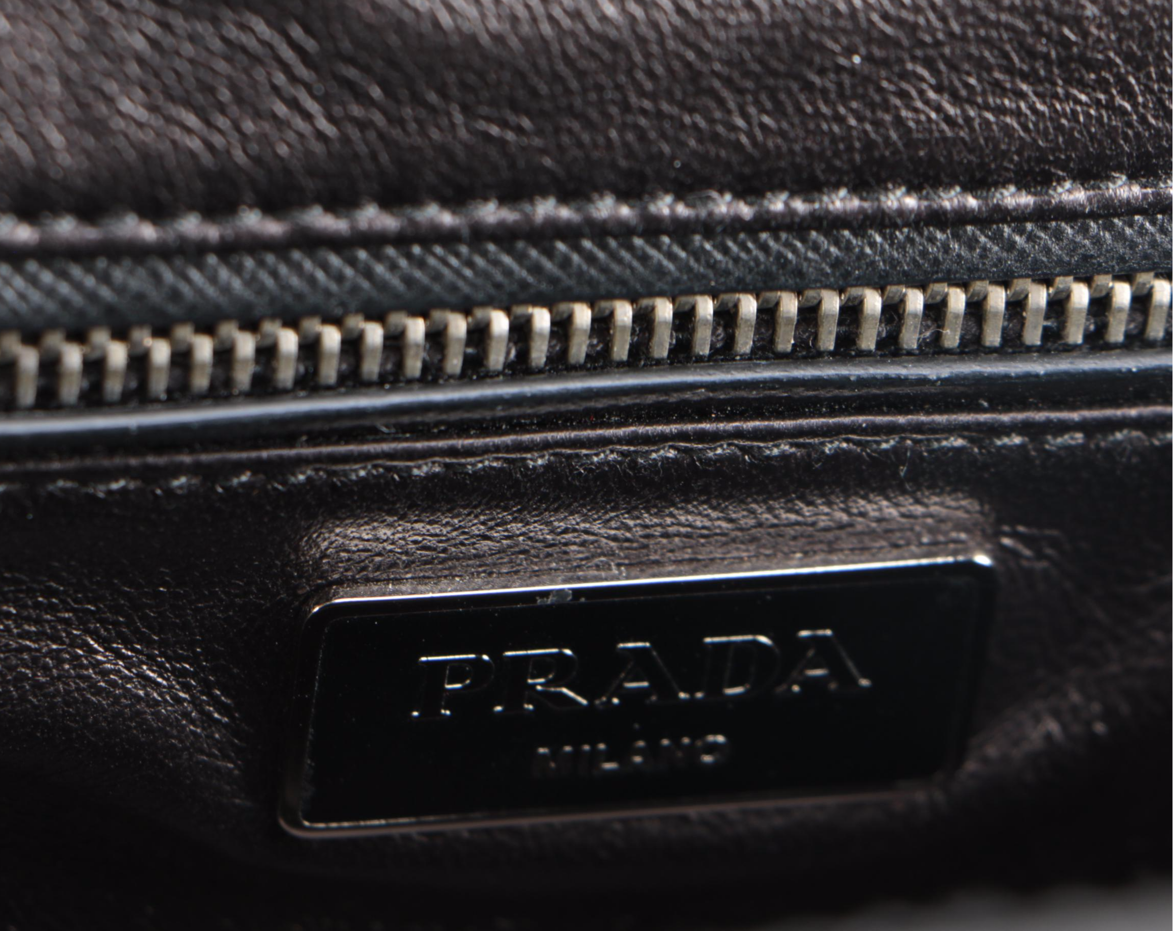 Prada Contrast Stitched Tan Leather Frame Clutch with Black Croc Embossed Trim