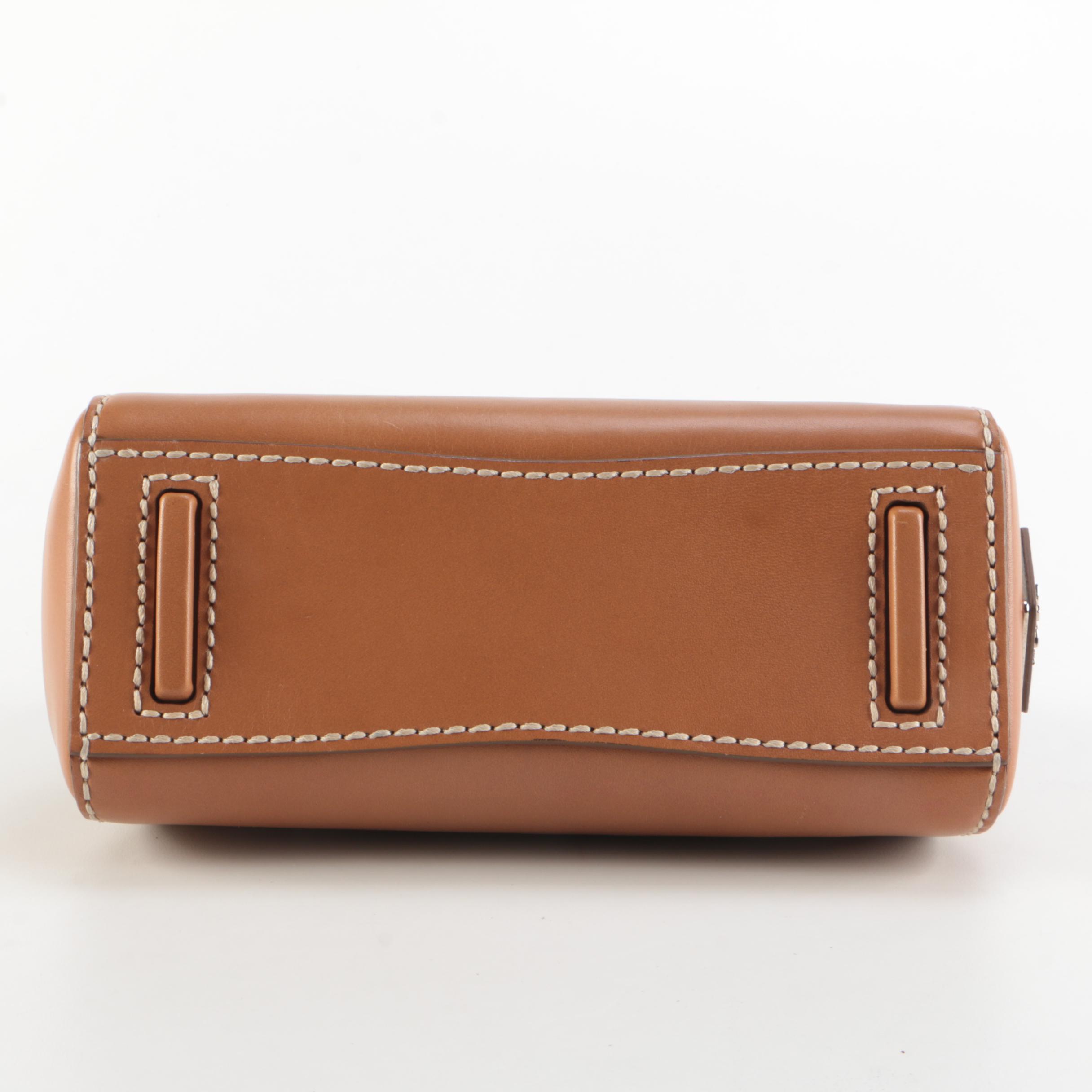 Prada Contrast Stitched Tan Leather Frame Clutch with Black Croc Embossed Trim