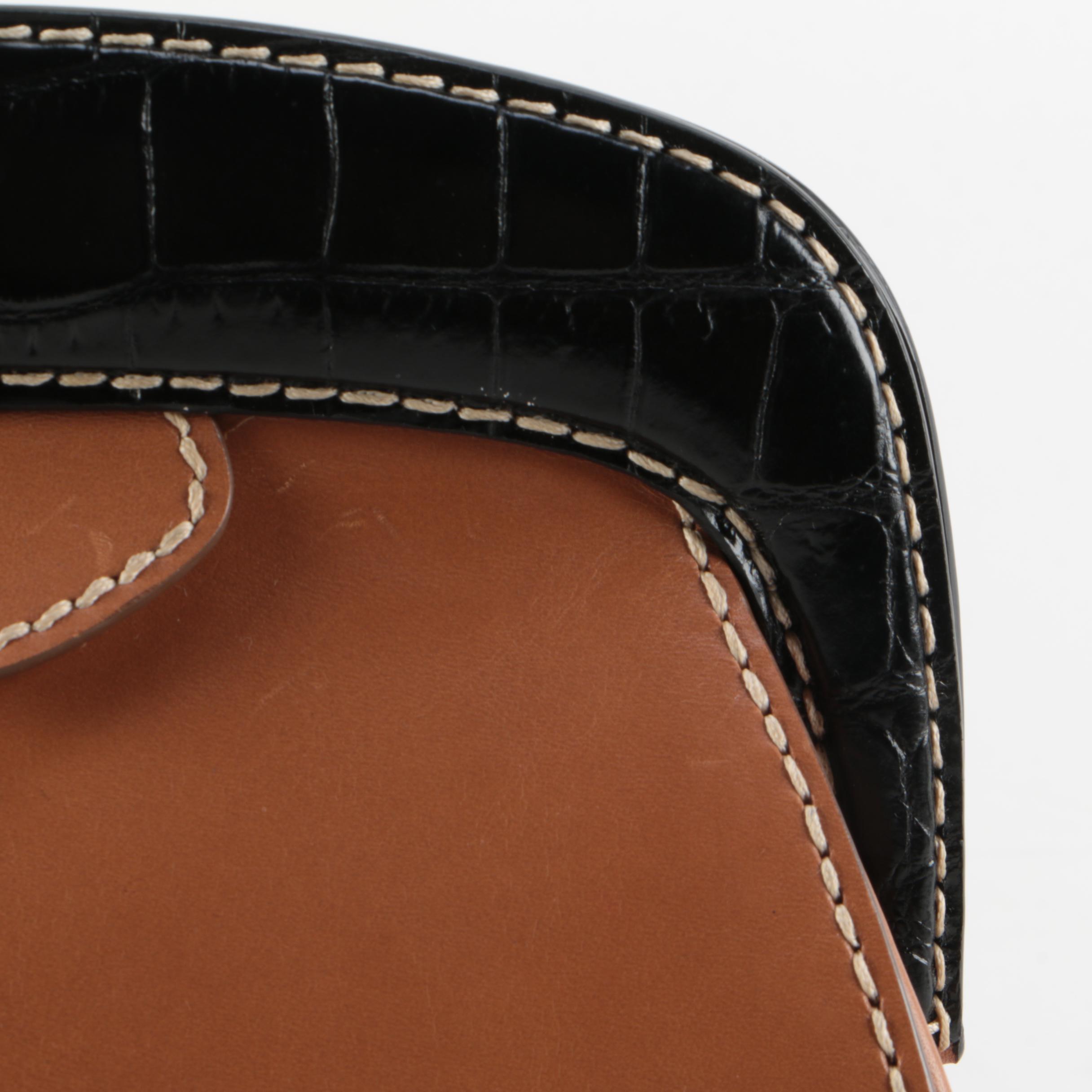 Prada Contrast Stitched Tan Leather Frame Clutch with Black Croc Embossed Trim