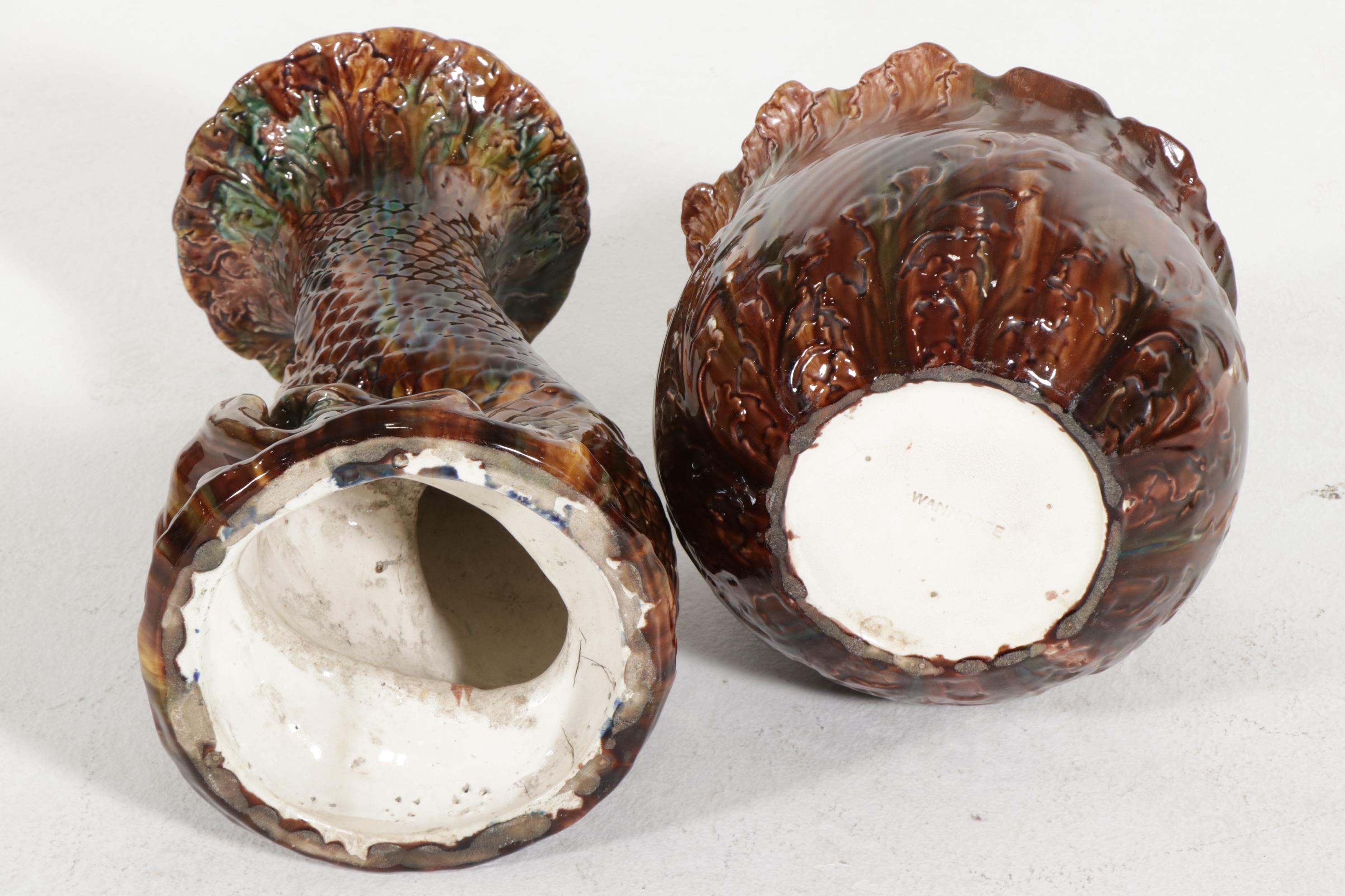 Wannopee Ceramic Majolica Leaf-Form Jardinière on Dolphin Stand
