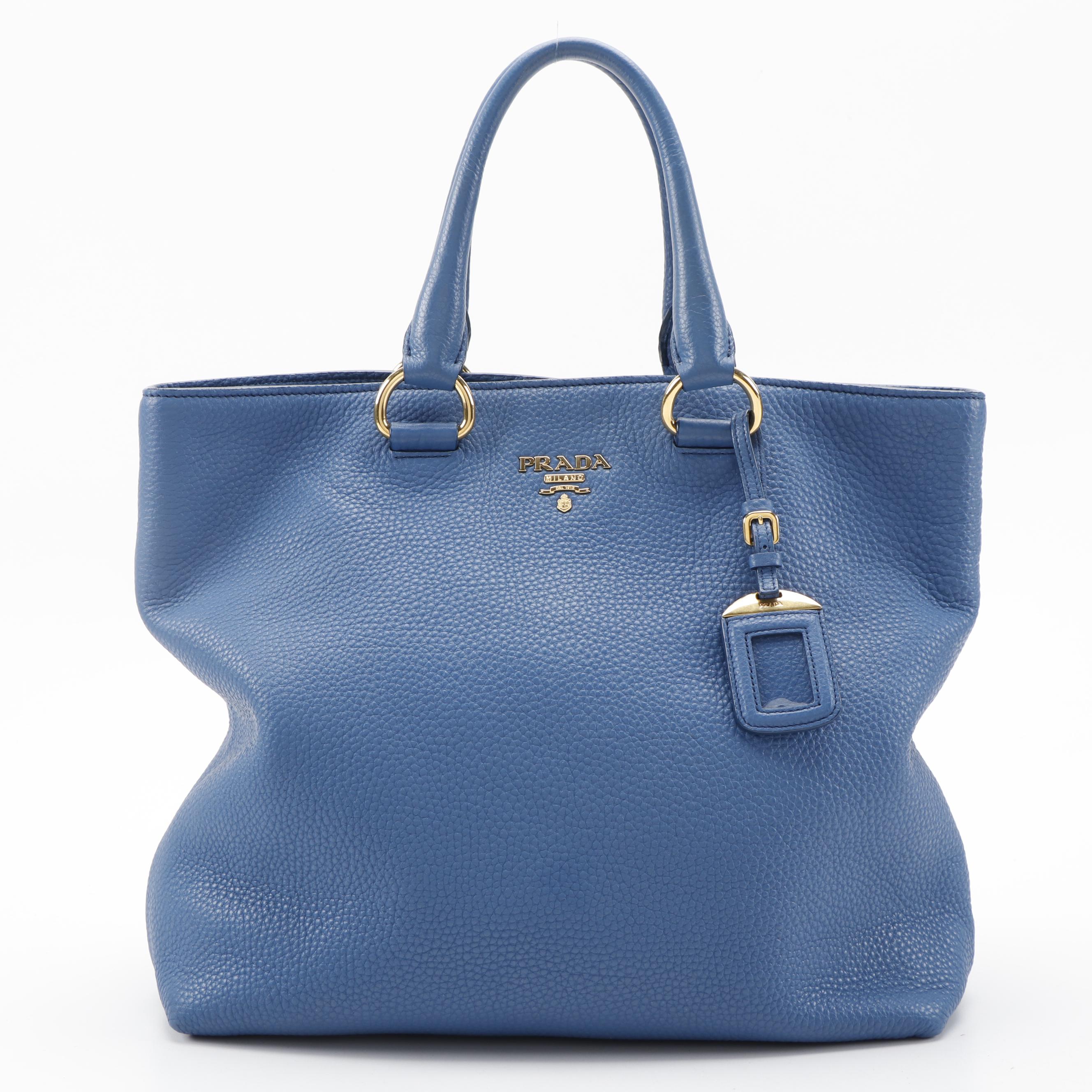Prada Blue Vitello Daino Leather Two-Way Tote